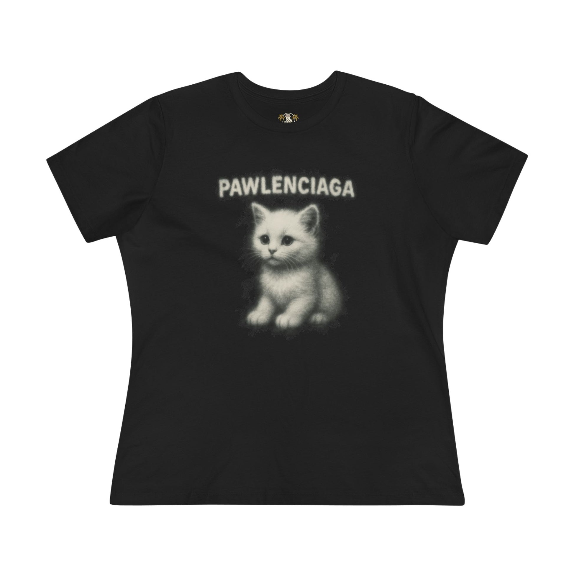Pawlenciaga White Aura Kitty Graphic Women's Black T Shirt, black graphic t-shirt, front view