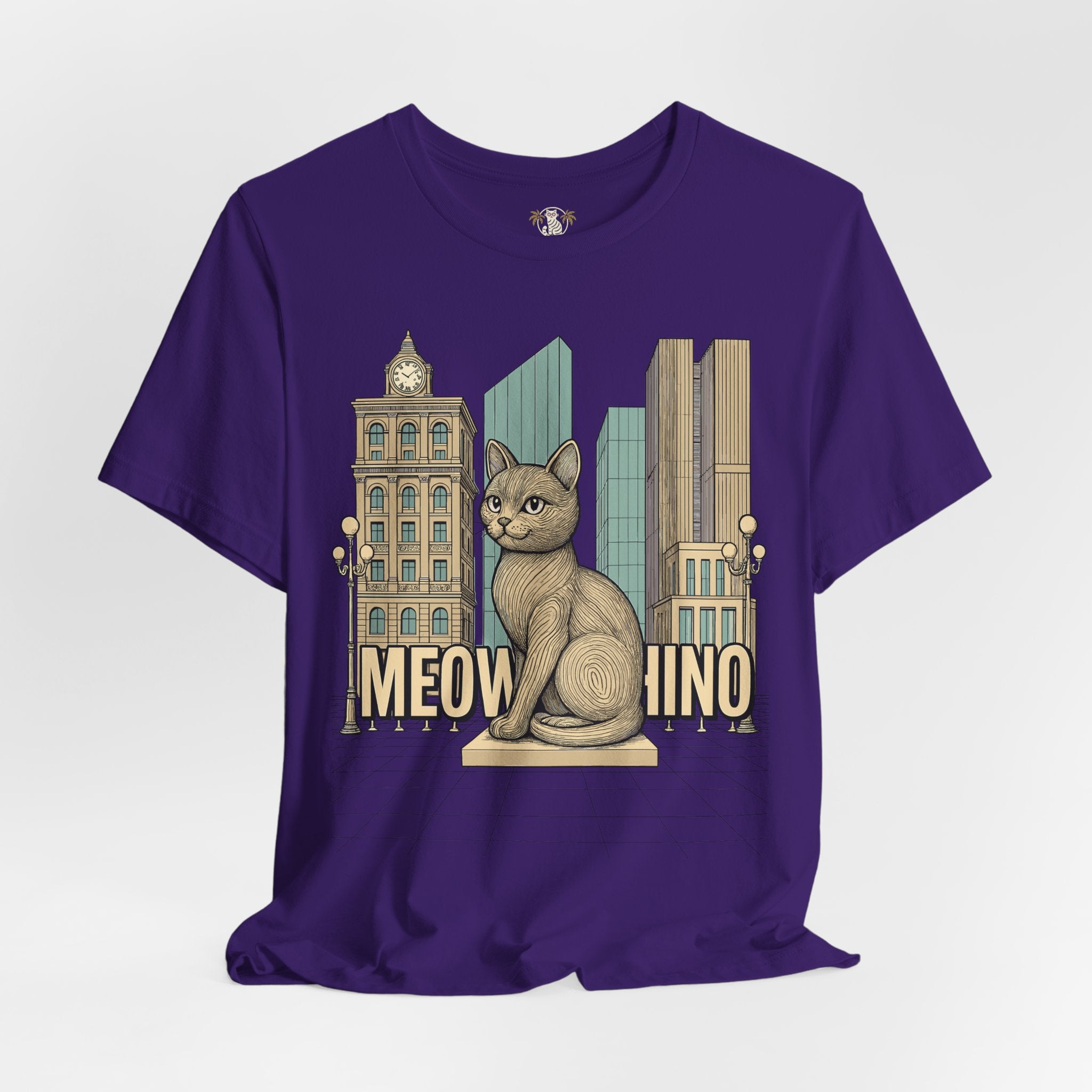 Cat t shirts for guys – team purple unisex tee, front, Meowschino city cat statue print visible