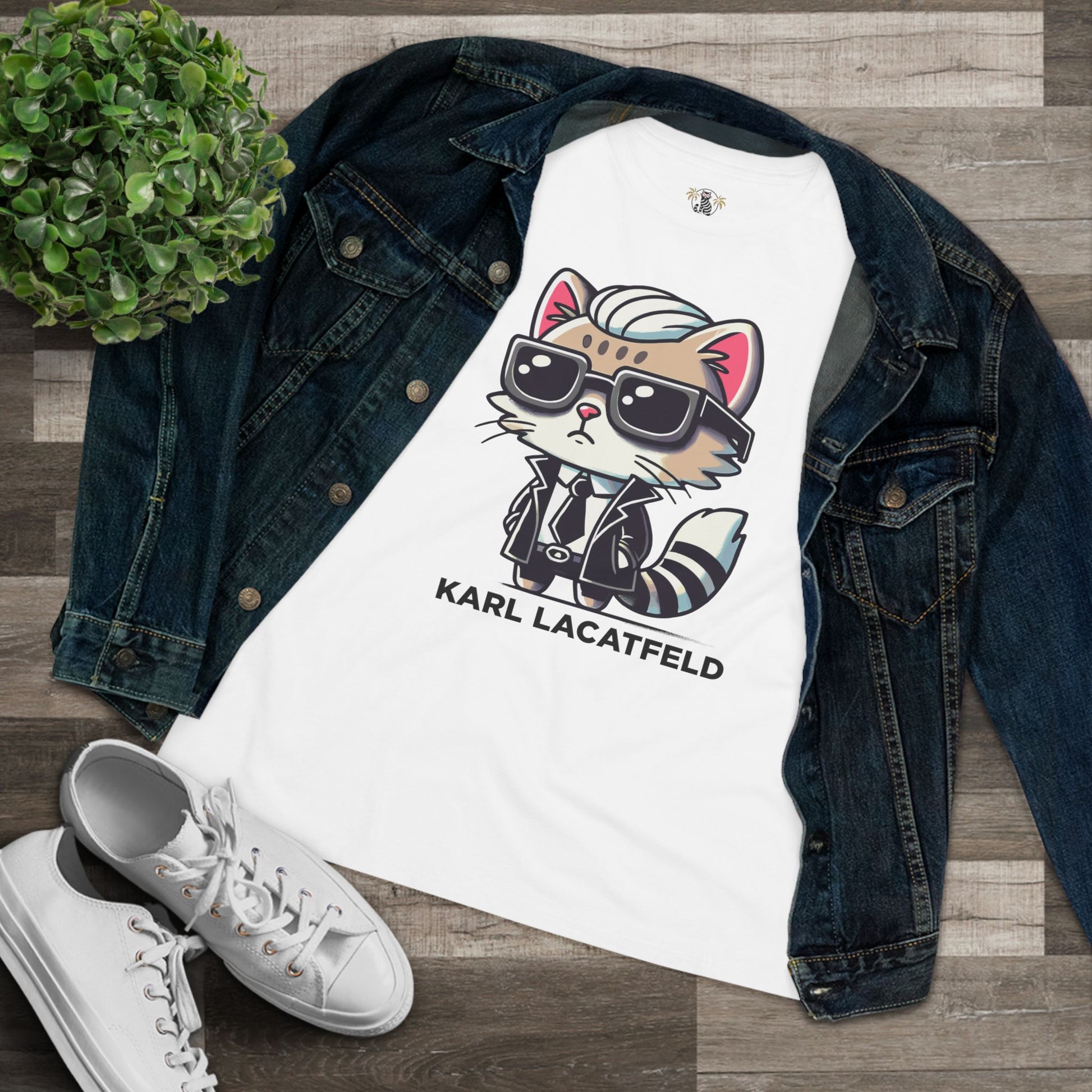 Flat lay Karl Lacatfeld Cat Lady Tee Shirts in White with denim jacket