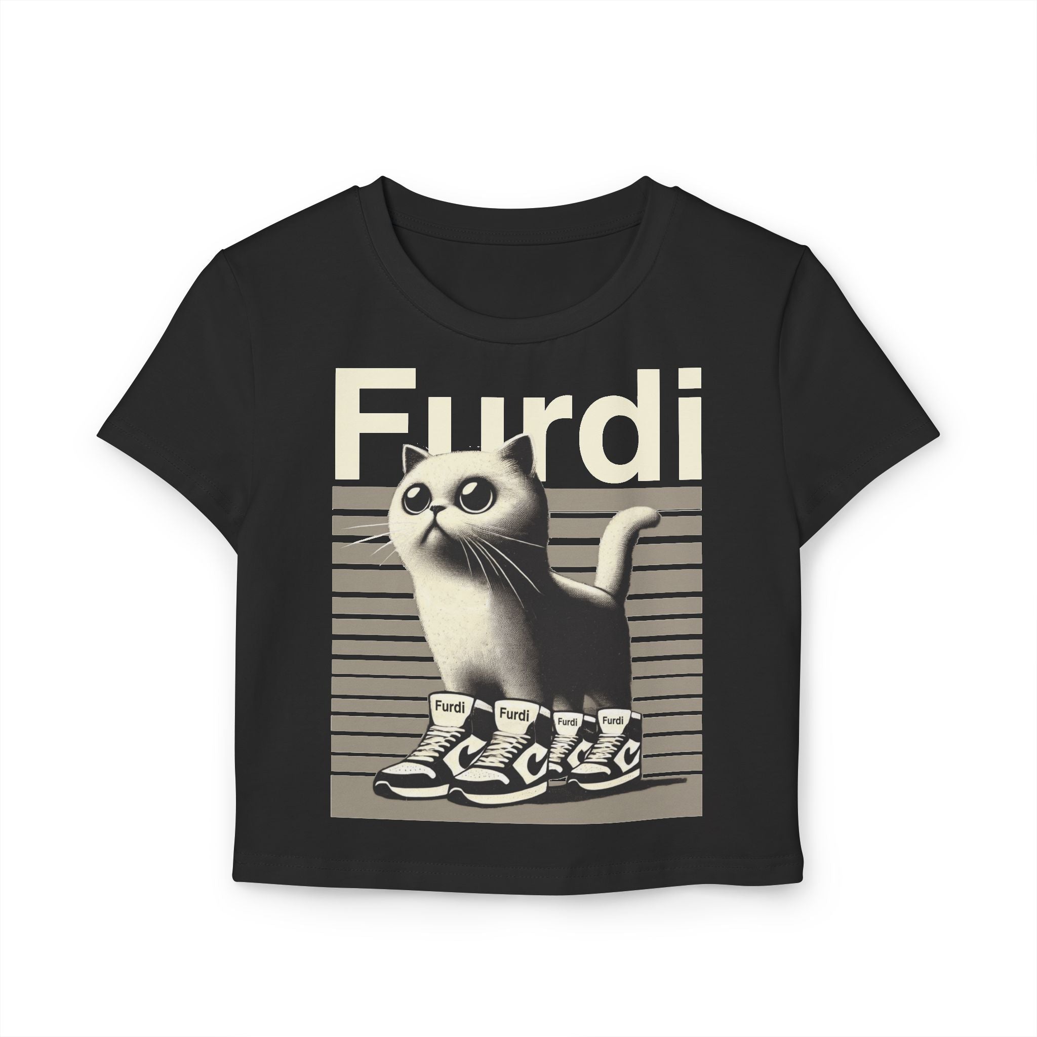 Furdi 4x4 Sneaker Flex Cat Graphic Women’s Baby Tee black crop top front view