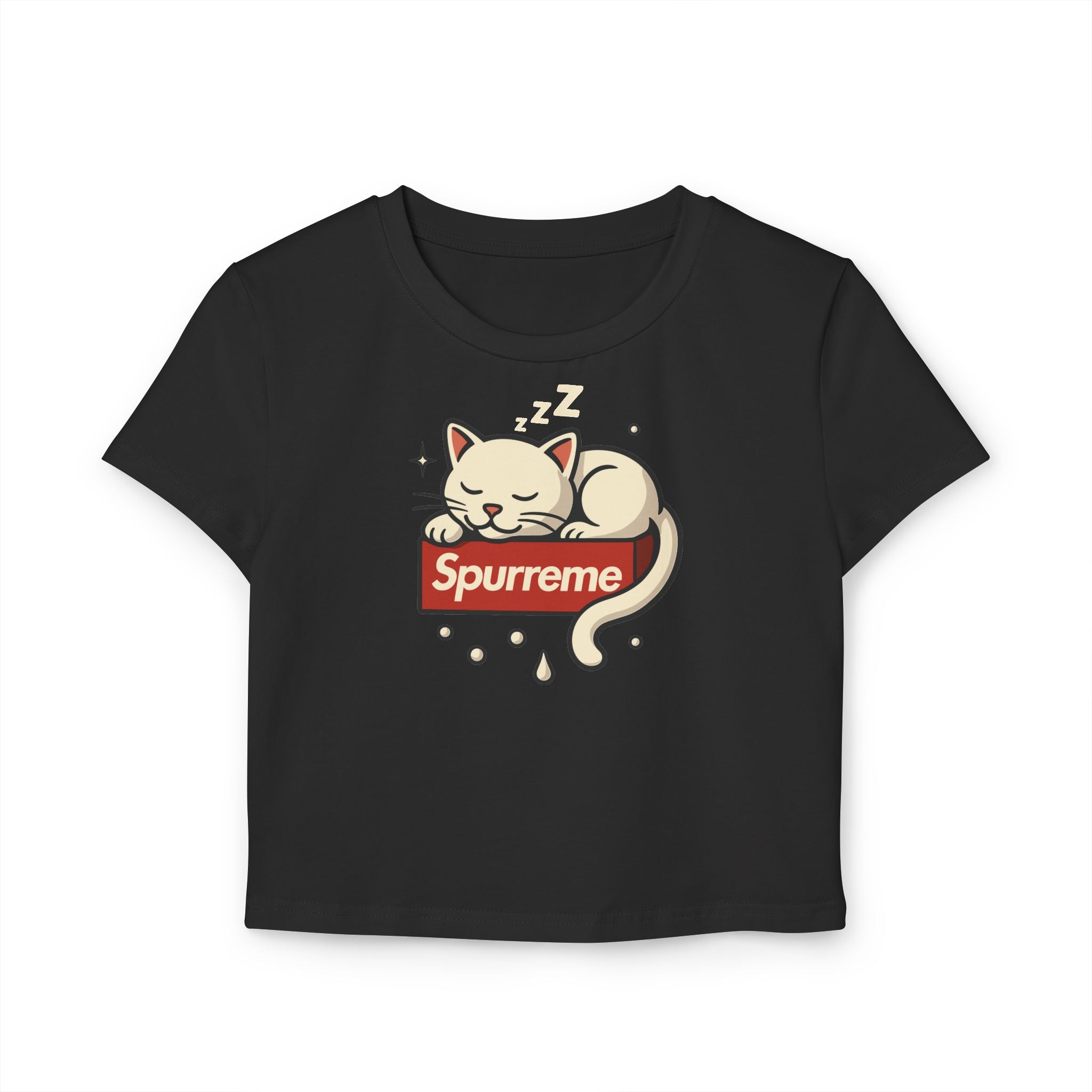 black baby tee with Spurreme cat design, cotton crop top, casual wear, front view