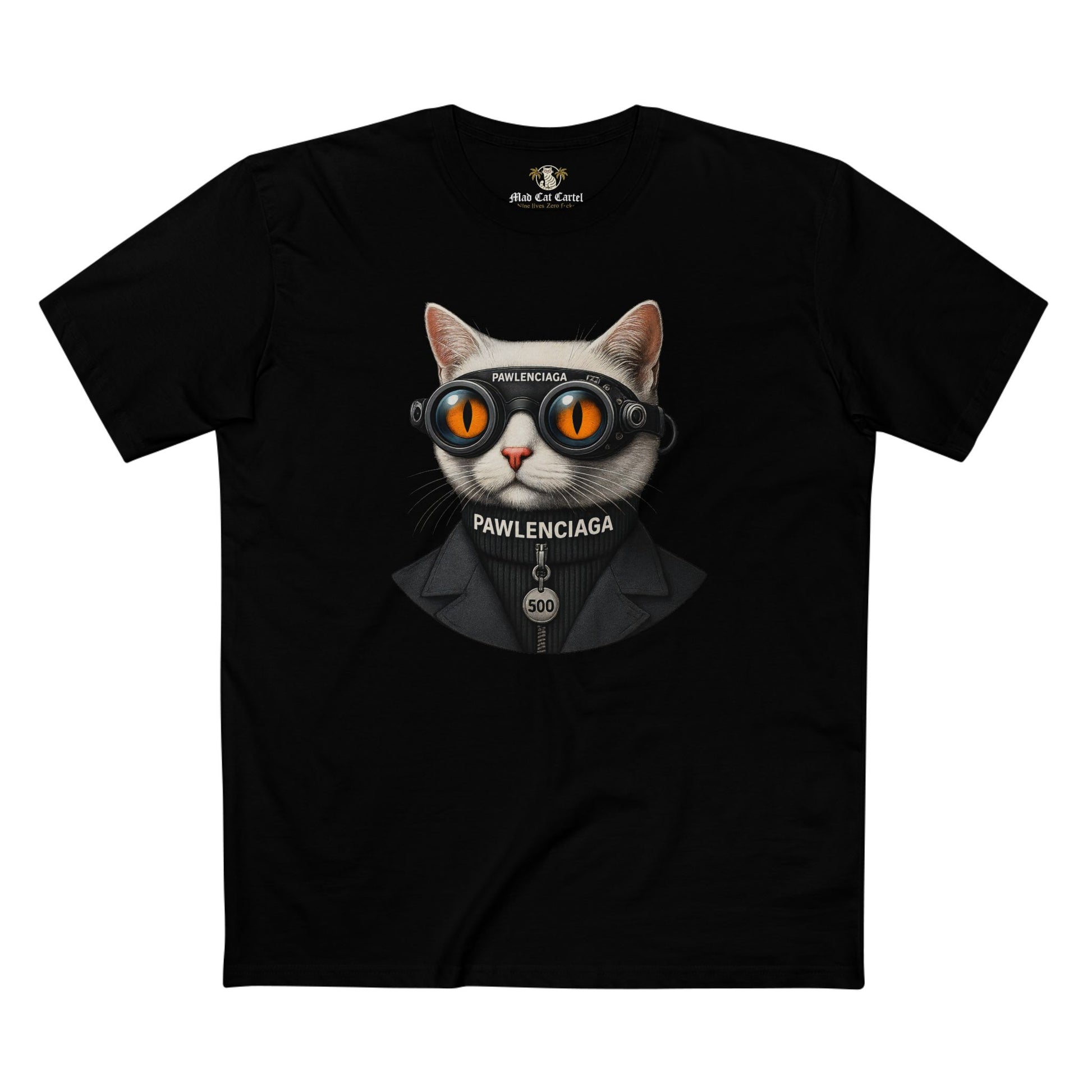 Pawlenciaga Tech Noir Cat Graphic Black T-Shirt, black graphic t-shirt, front product view