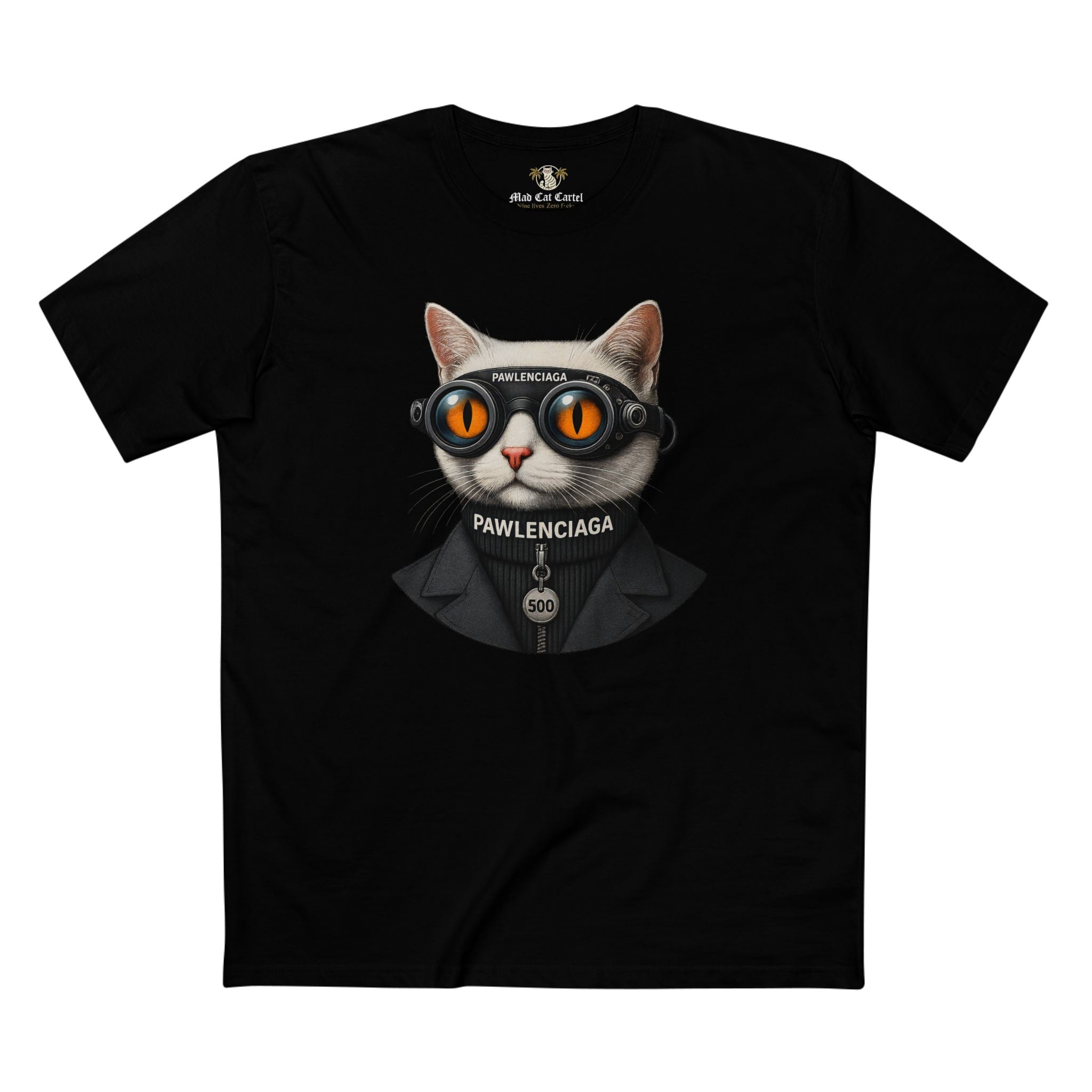Pawlenciaga Tech Noir Cat Graphic Black T-Shirt, black graphic t-shirt, front product view