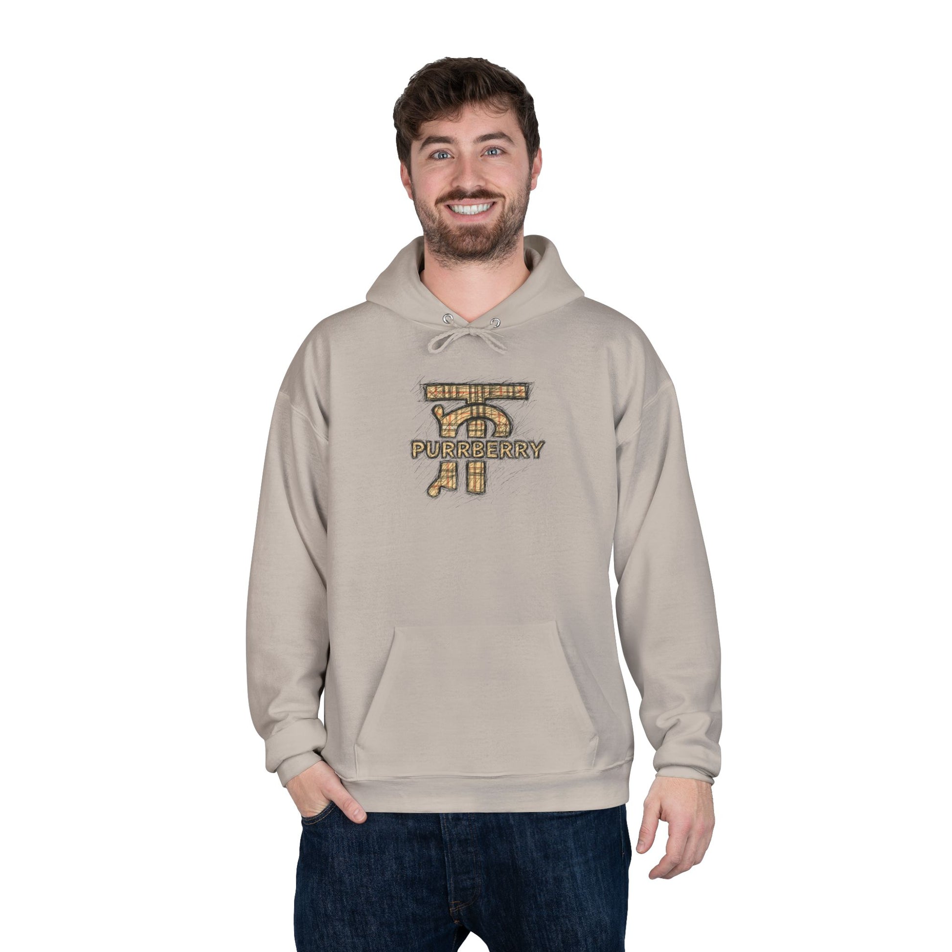 Man modeling Purrberry sand beige hoodie with front logo, hoodie for cat lovers