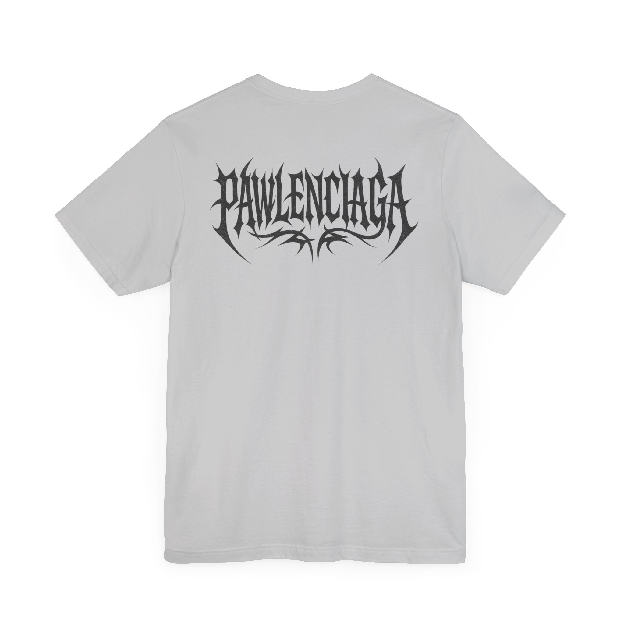 Pawlenciaga Apocalypse Cat Graphic T Shirt in Solid Athletic Grey, flat lay back view, cat themed shirts, cool mens t shirts, shirts for cat lovers