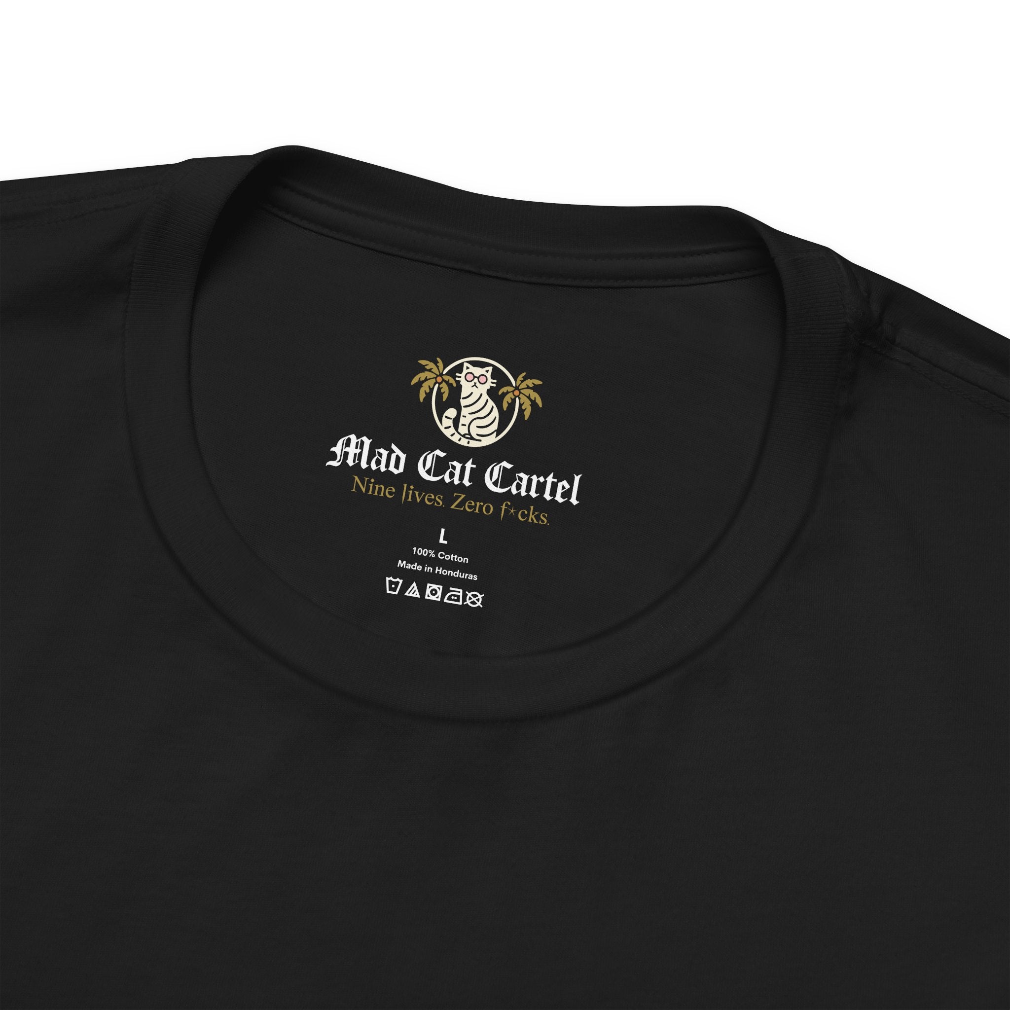 Pawlenciaga text close up on Black Cat Balloon Funny Graphic T Shirt for cat lovers