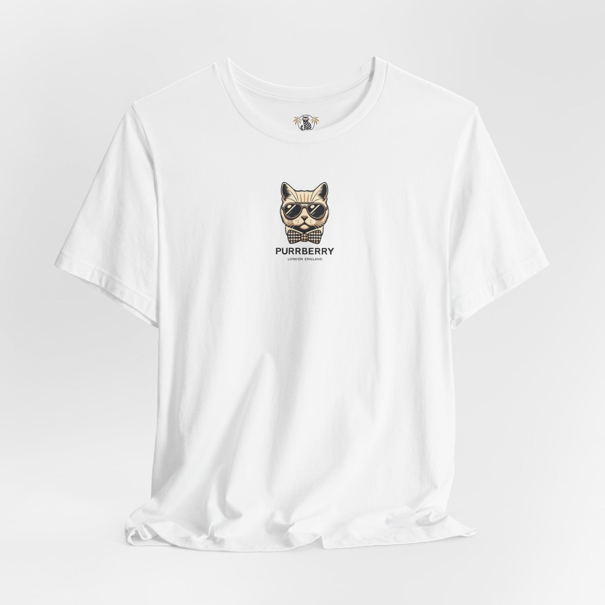 purrberry london mini crest cat graphic t shirt white flat lay cool cat shirts for men