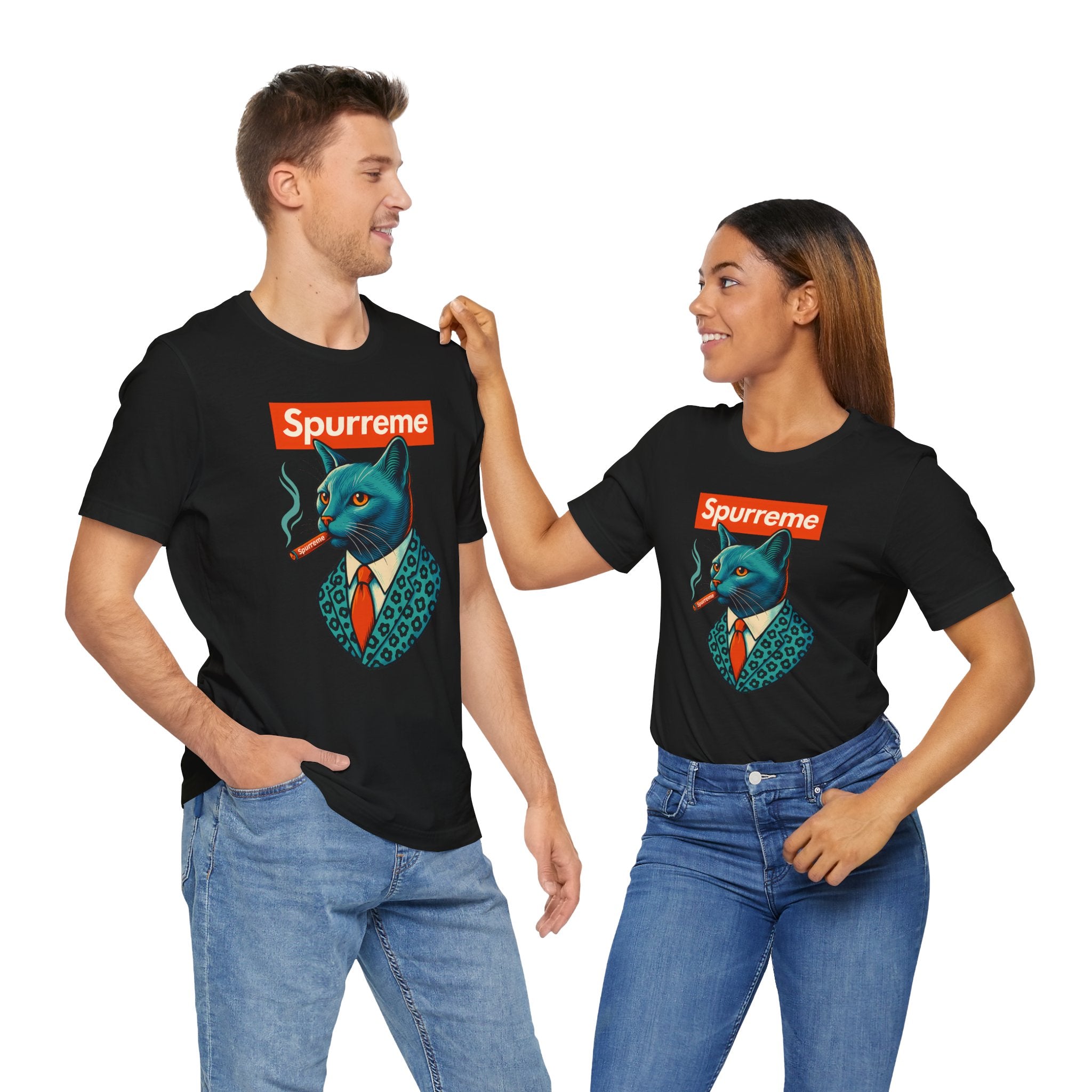Couple wearing matching Black Spurreme Ambassador Cat Graphic t shirts