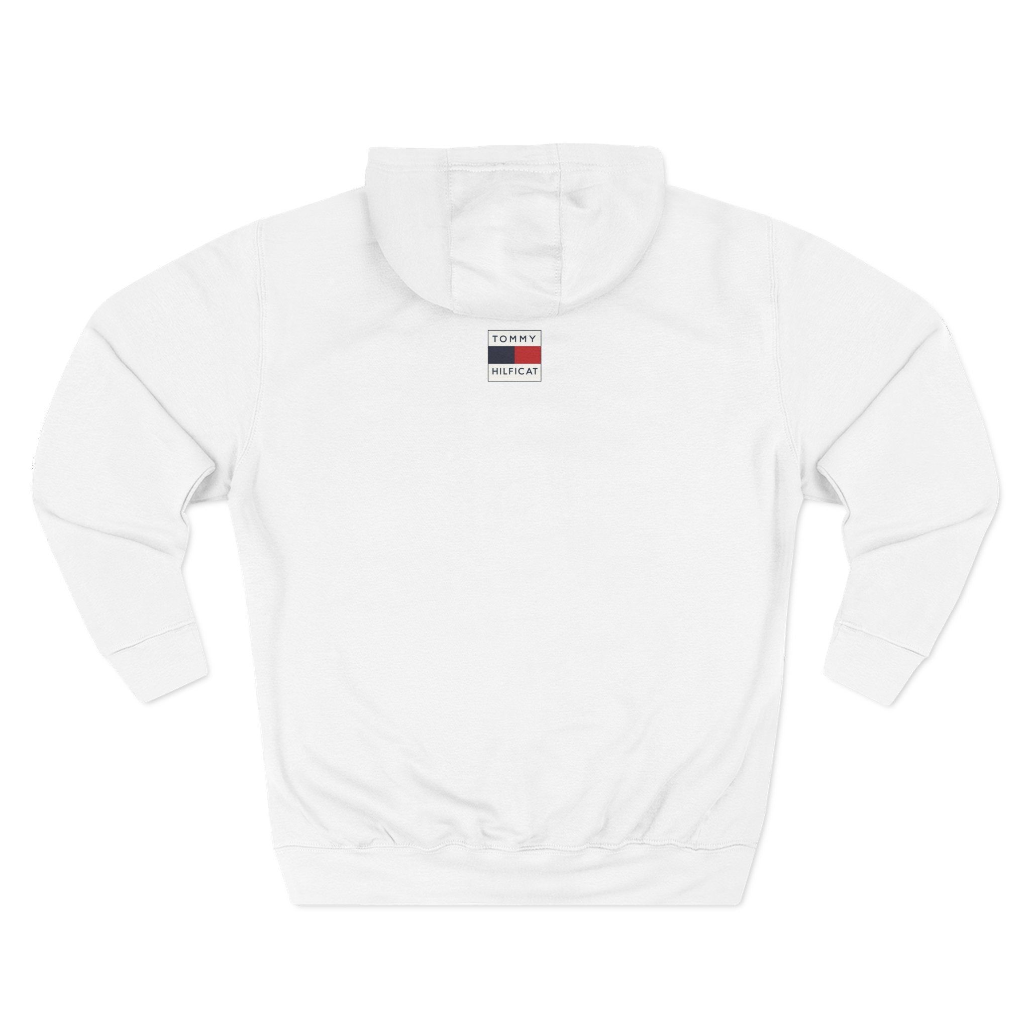 Back view of White Tommy Hilficat Signature Purr Style Cat Graphic Hoodie minimalist cat lovers clothing