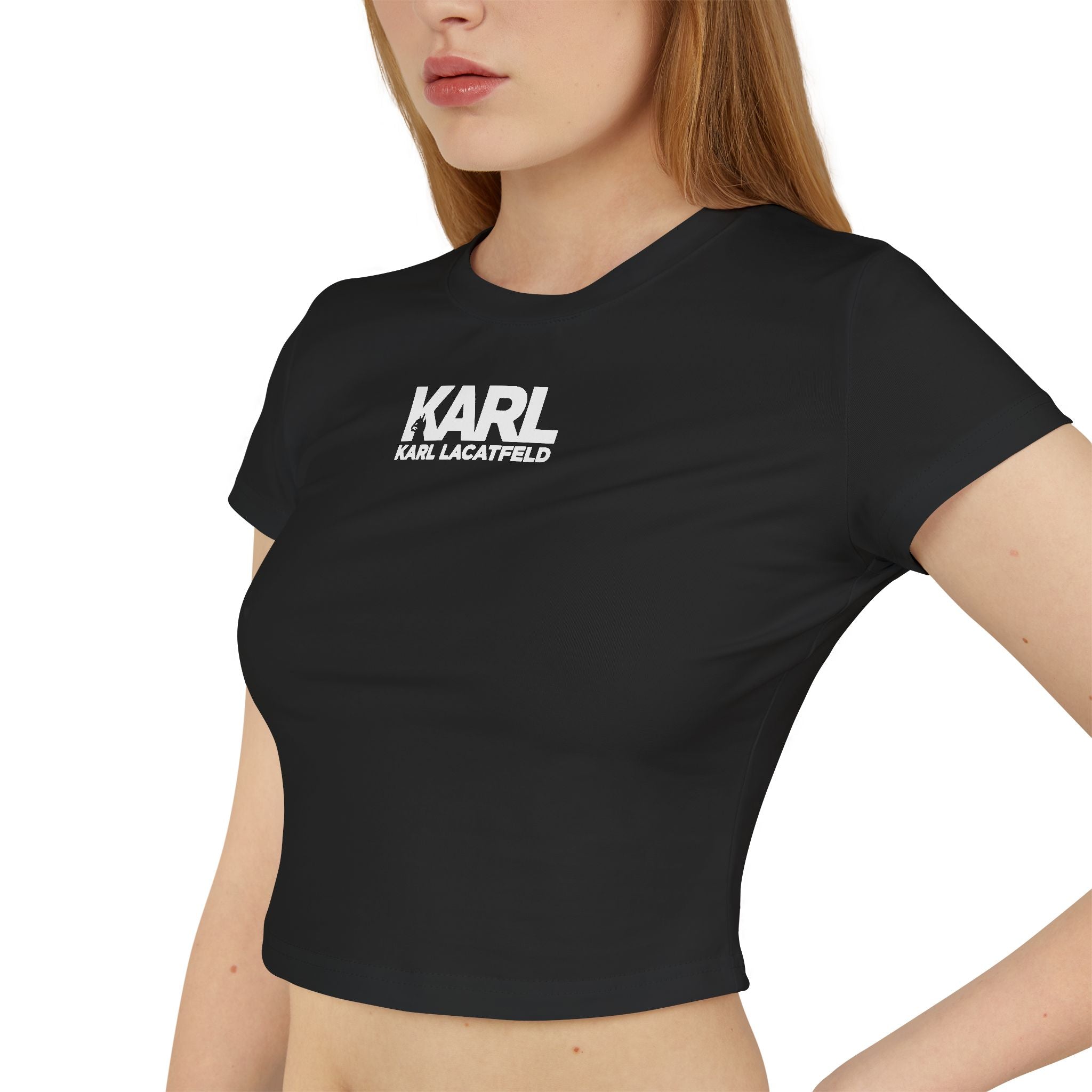 Model closeup wearing Karl Lacatfeld Noir Couture Women’s Black Baby Tee