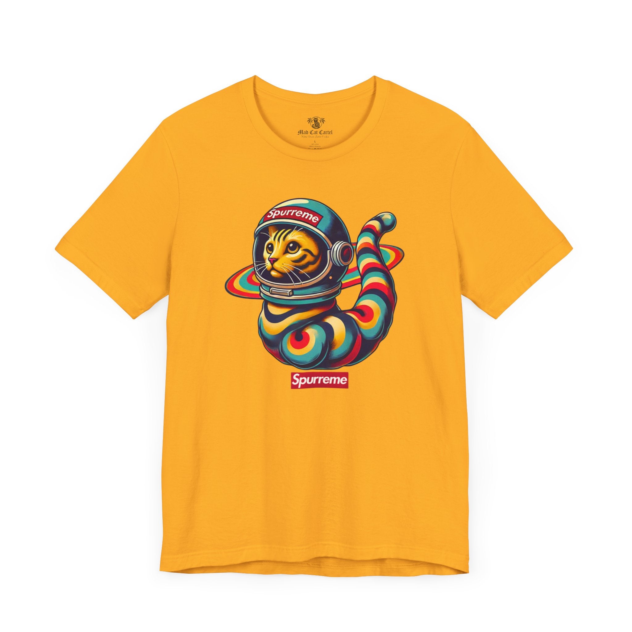 Spurreme Space Explorer Cat Graphic T-Shirt in gold color flat lay front design space cat shirt