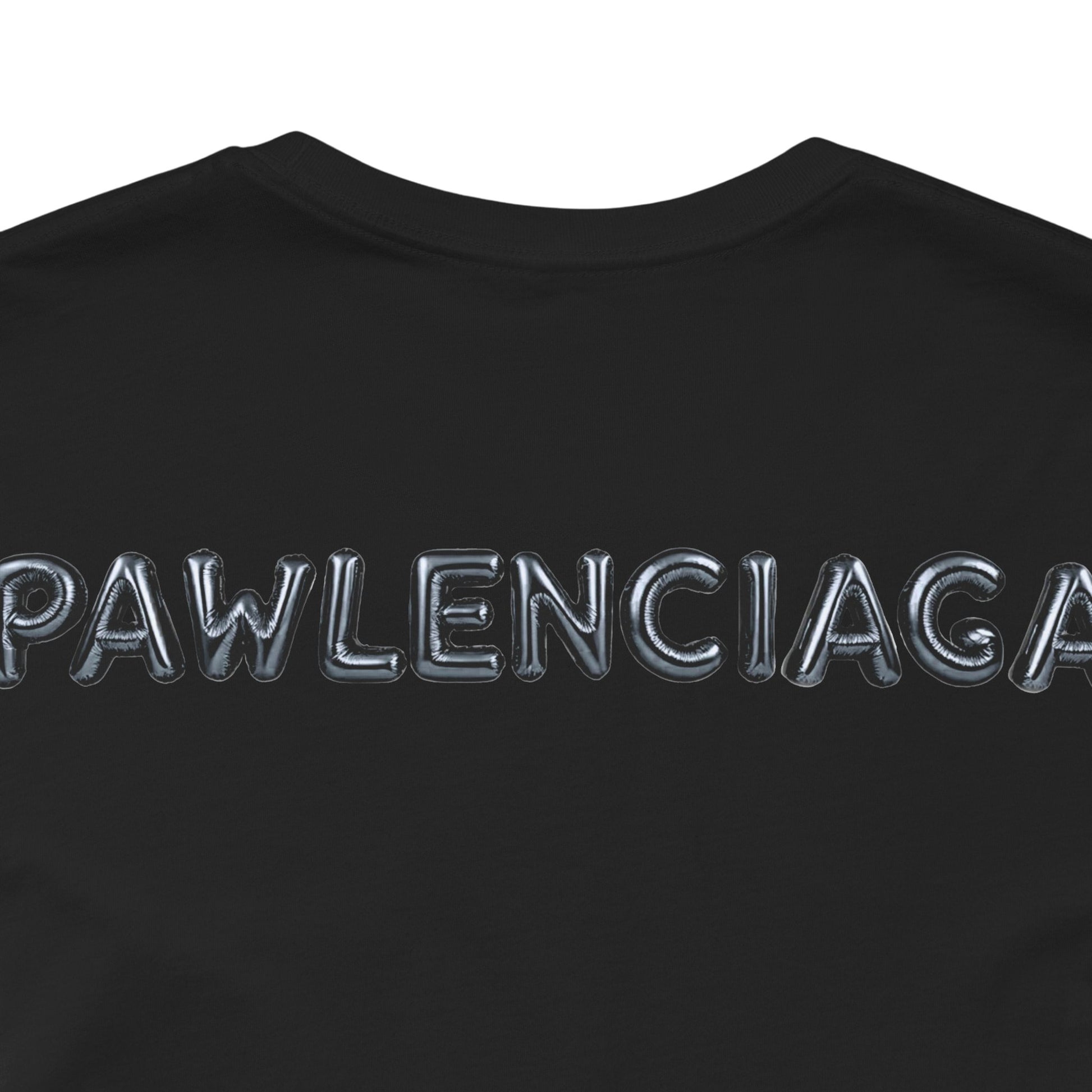 Pawlenciaga text close up on Black Cat Balloon Graphic T Shirt back things to get cat lovers