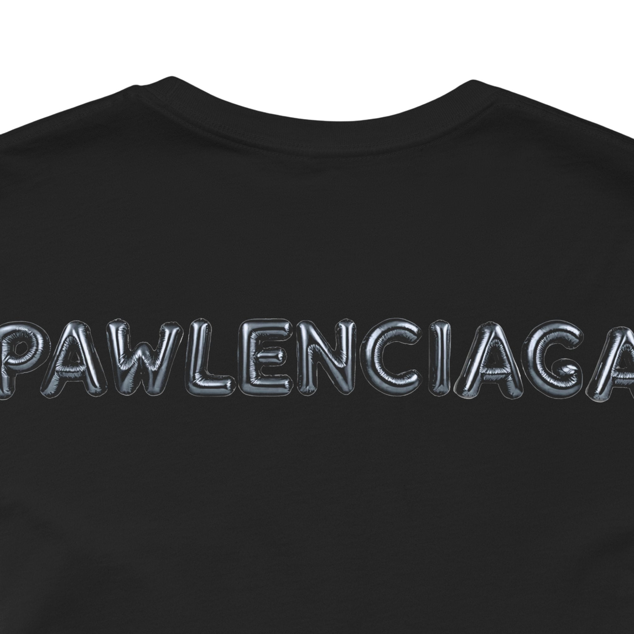 Pawlenciaga text close up on Black Cat Balloon Graphic T Shirt back things to get cat lovers