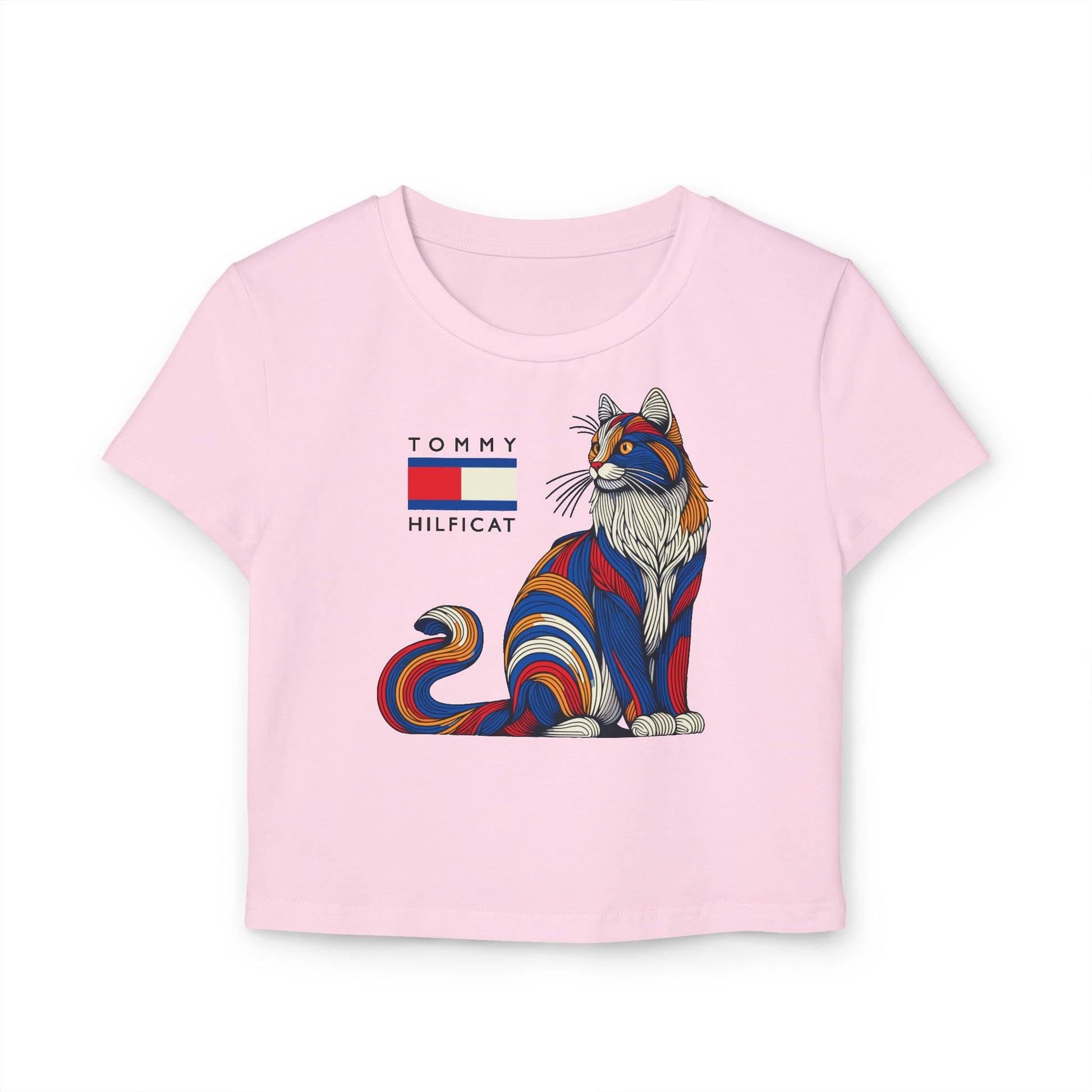Tommy Hilficat Colorwave Cat Graphic Women's crop top, pink baby tee for cat lovers