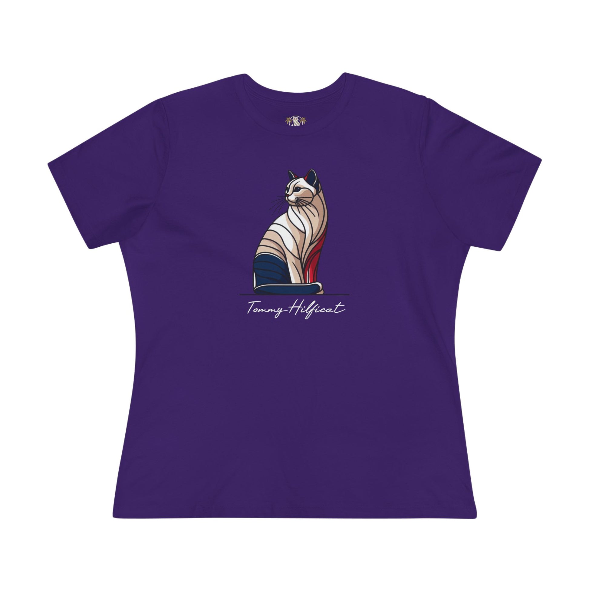 front view Tommy Hilficat Sitting Icon T Shirt in Team Purple, cat lady tee