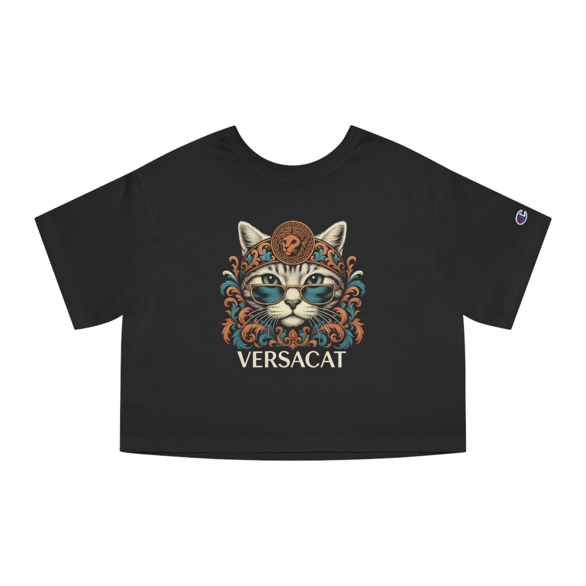 Versacat x Champion Baroque Bloom Graphic Black Crop Top, black crop top