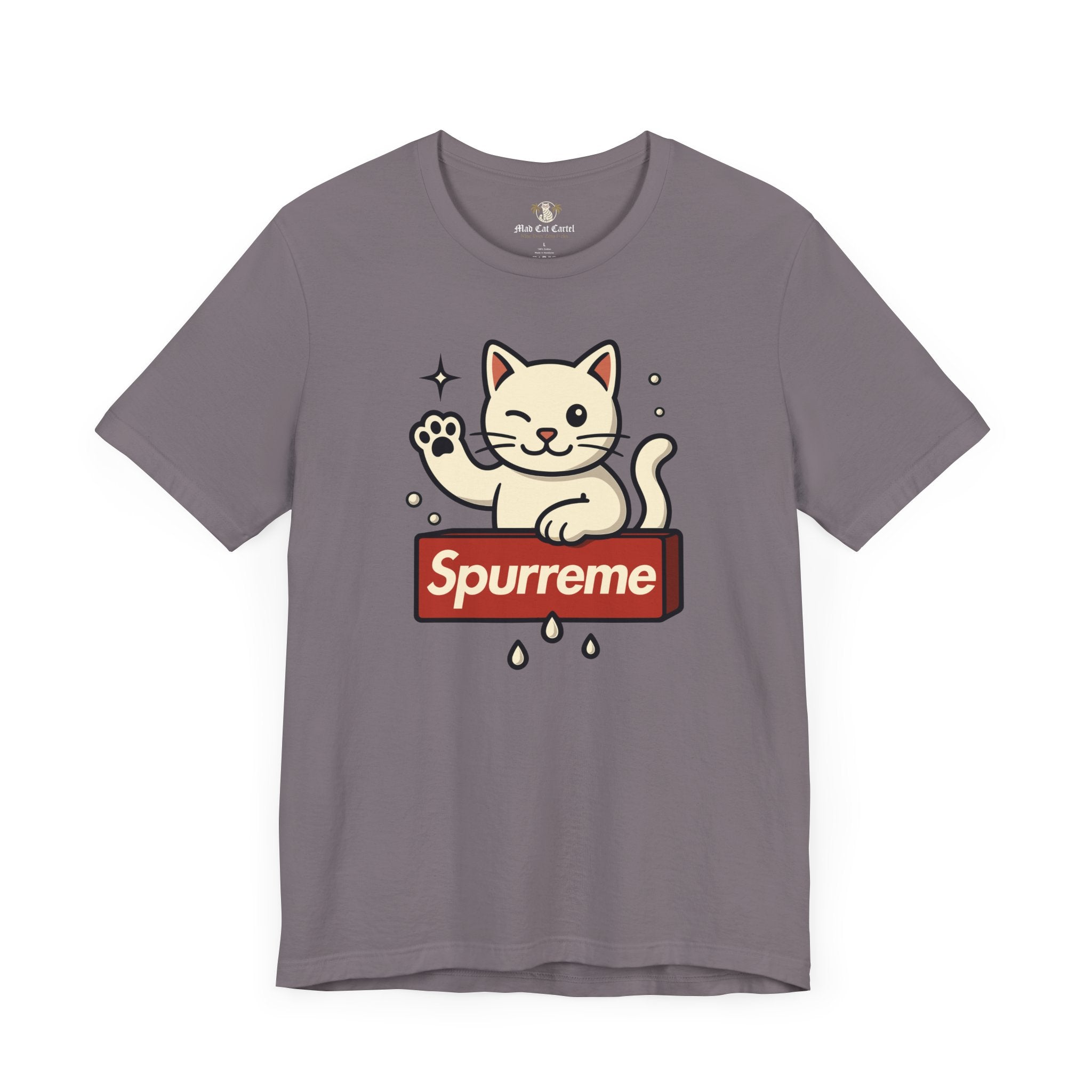 Storm gray t shirt flat lay Spurreme Lucky Cat Box Logo Graphic cat themed clothes