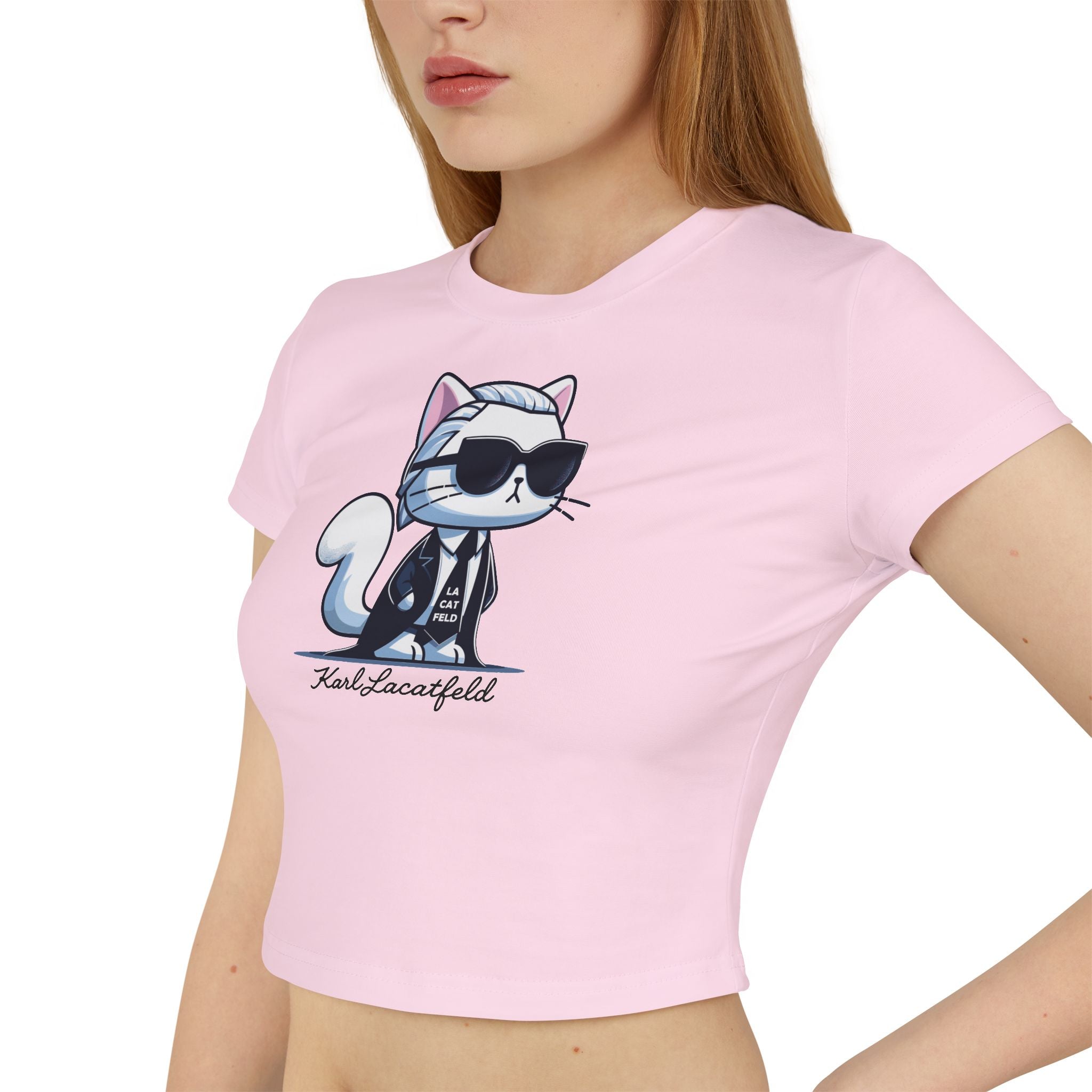 Model side view wearing Karl Lacatfeld Executive Meow Icon Women’s Pink Crop Top