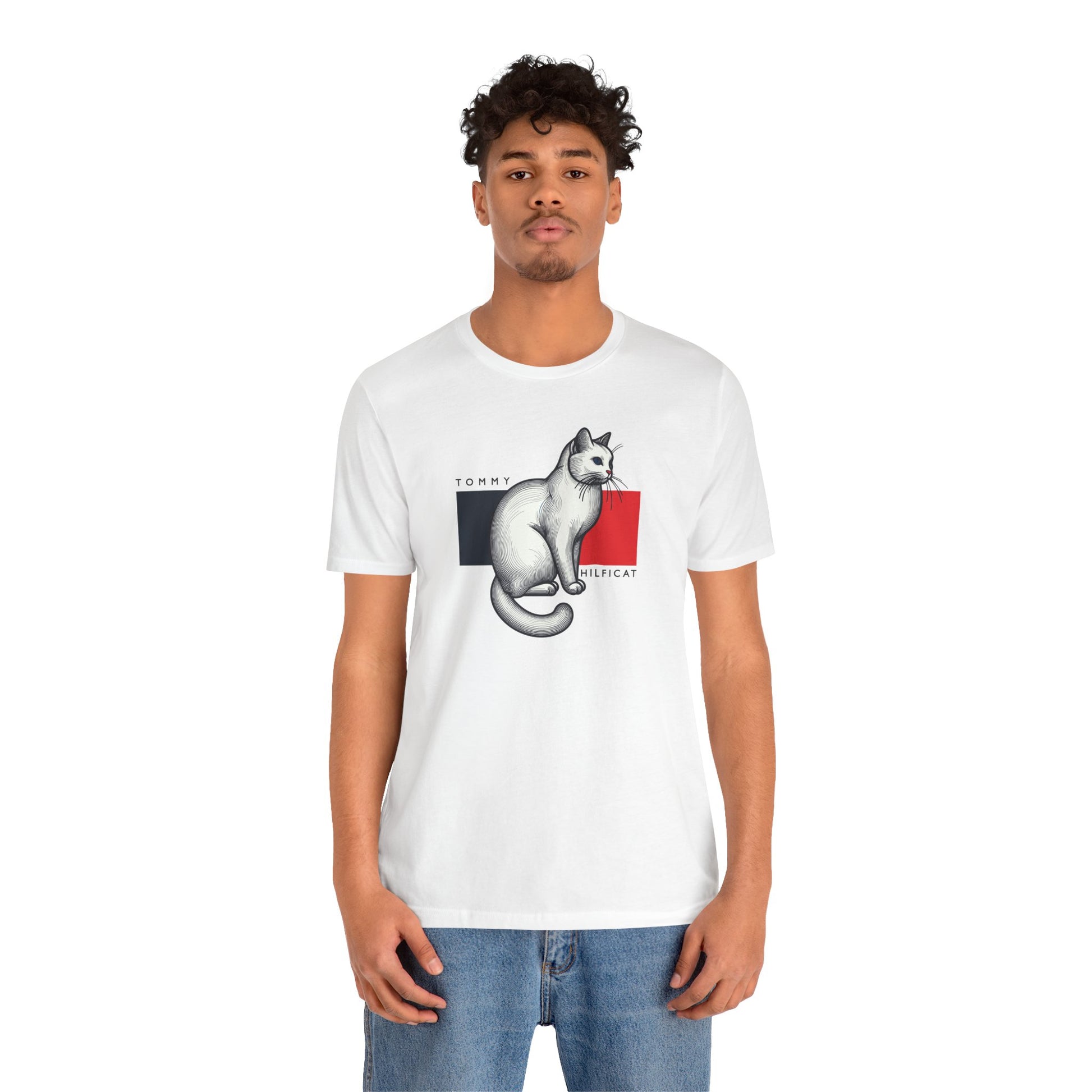 White mens cat tee male model wearing