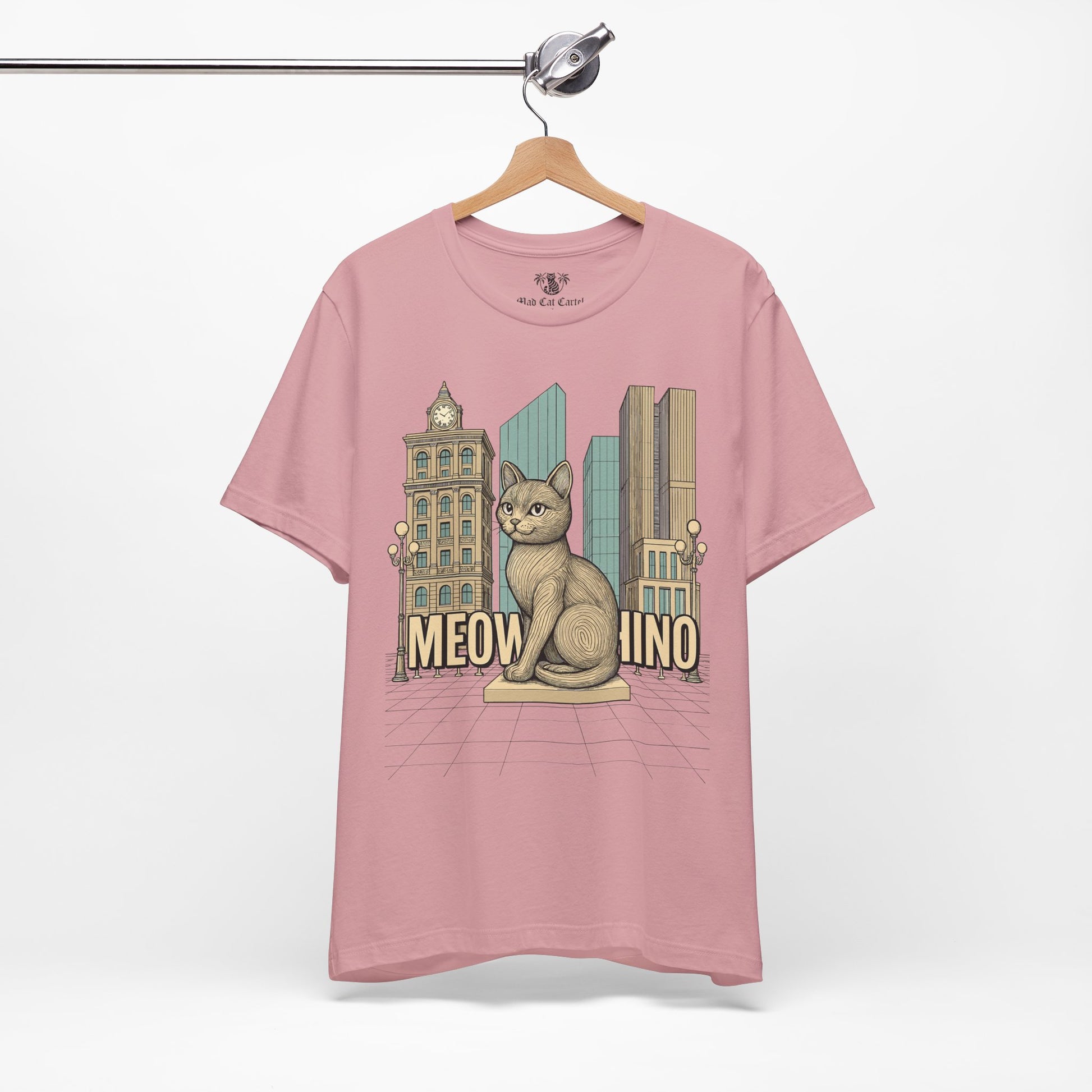 Gifts for cat lovers – pink unisex tee on hanger, front view, Meowschino city cat