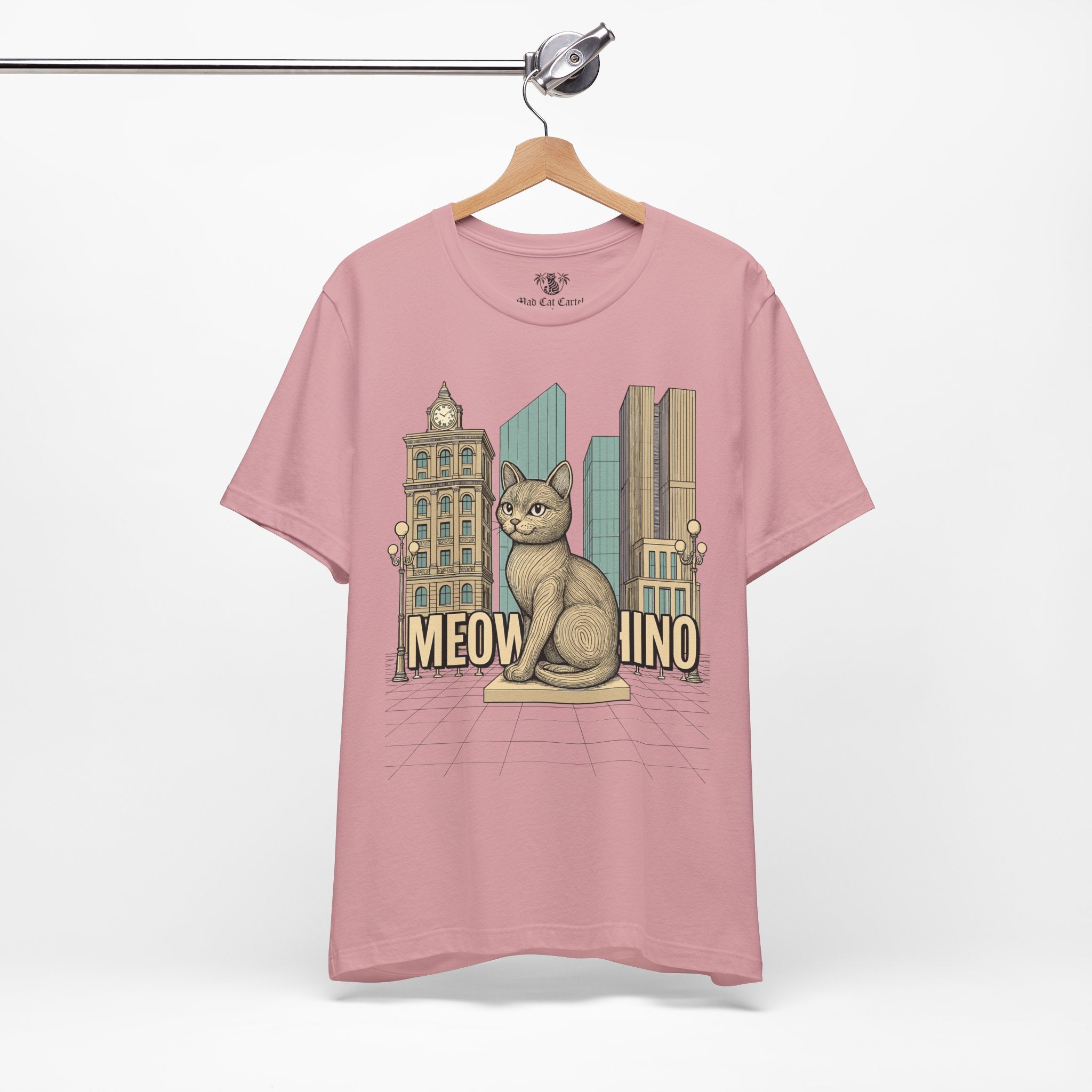 Gifts for cat lovers – pink unisex tee on hanger, front view, Meowschino city cat