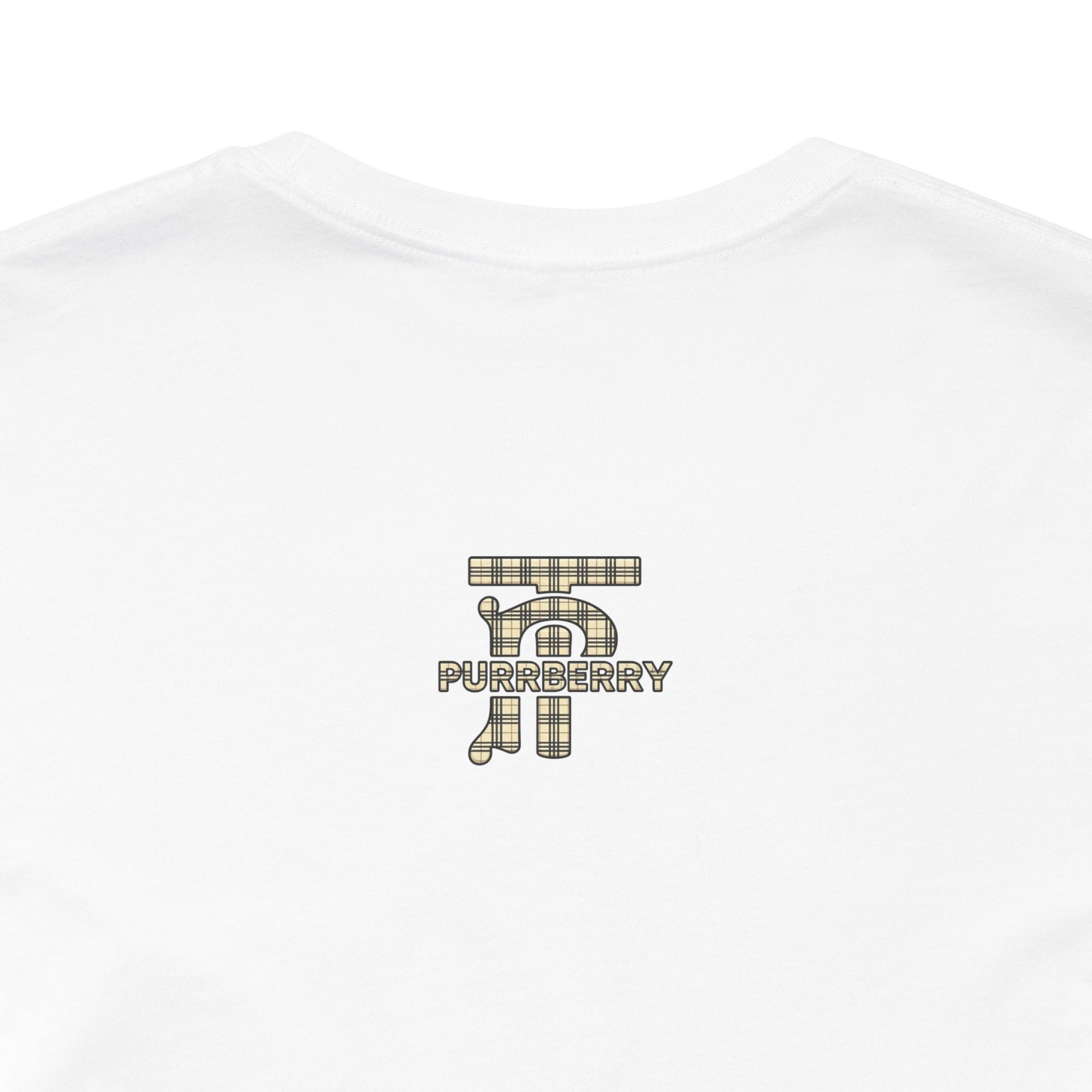 back logo close up purrberry london mini crest cat graphic t shirt white cat themed apparel