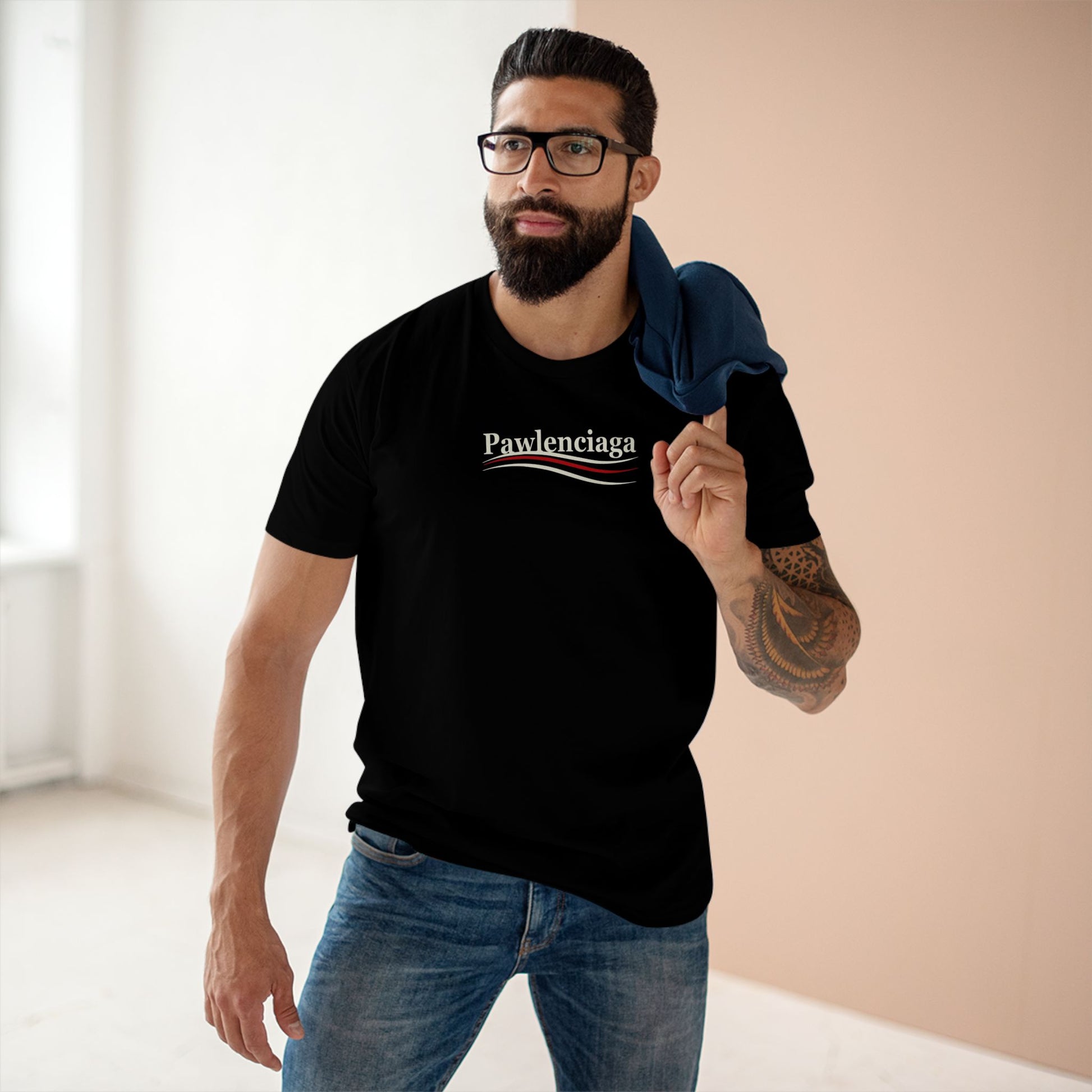 Male model wearing Pawlenciaga Designer Carry-On Cat Graphic Black T Shirt, front view, cat themed shirts, shirts for cat lovers