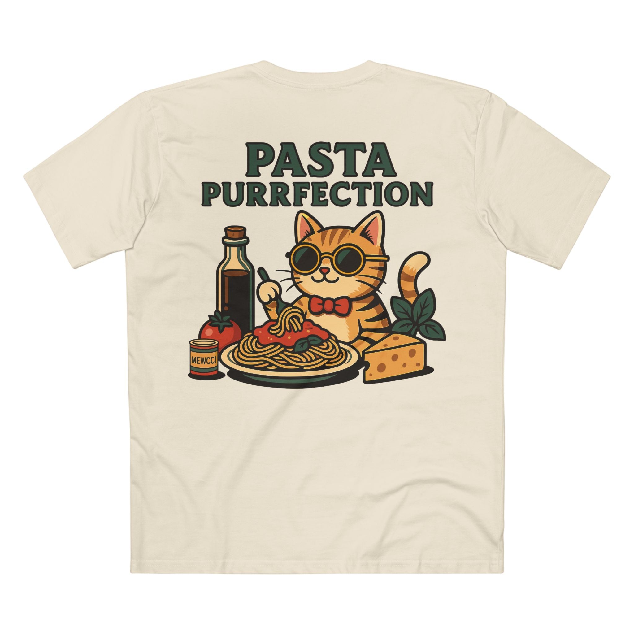 Back design of Mewcci Pasta Chef Cat Graphic T Shirt in Natural – Pasta Purrfection print