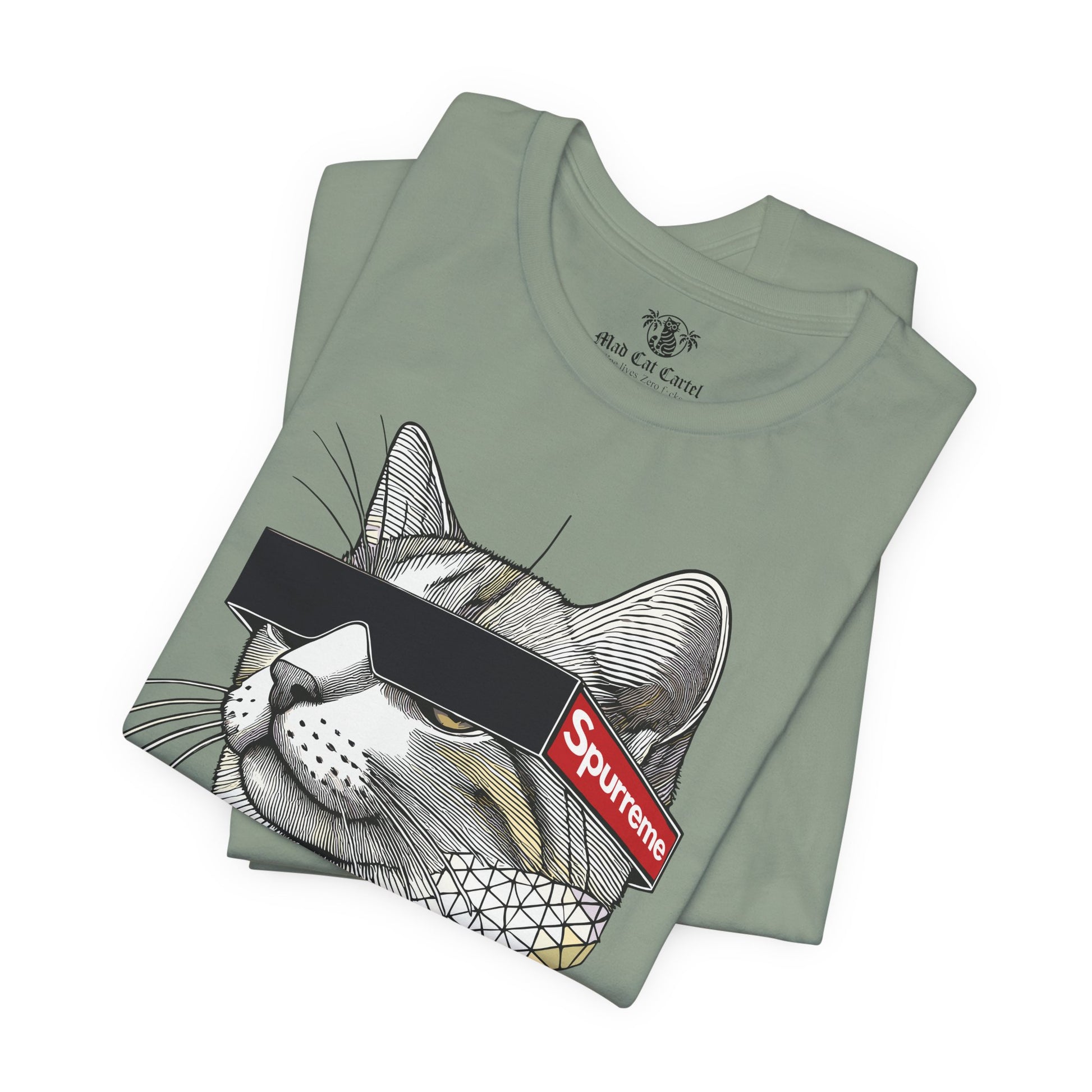 Spurreme Triangular Vision Cat Graphic T Shirt in Sage folded pair, cat graphic tee
