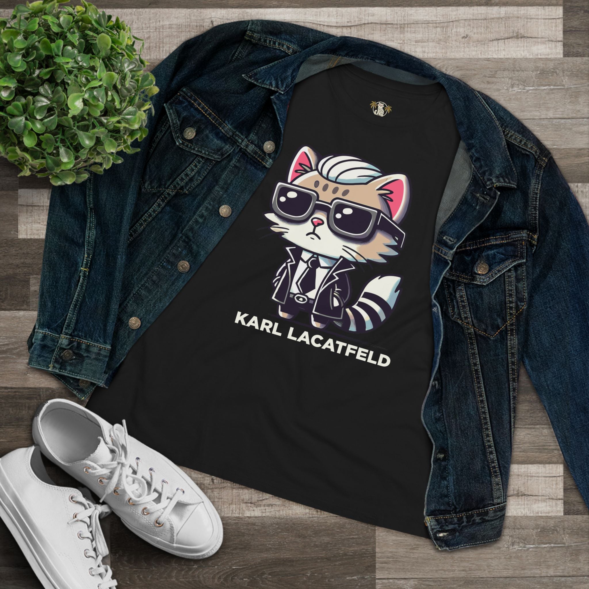 Flat lay Karl Lacatfeld Cat Themed Shirts in Black with denim jacket