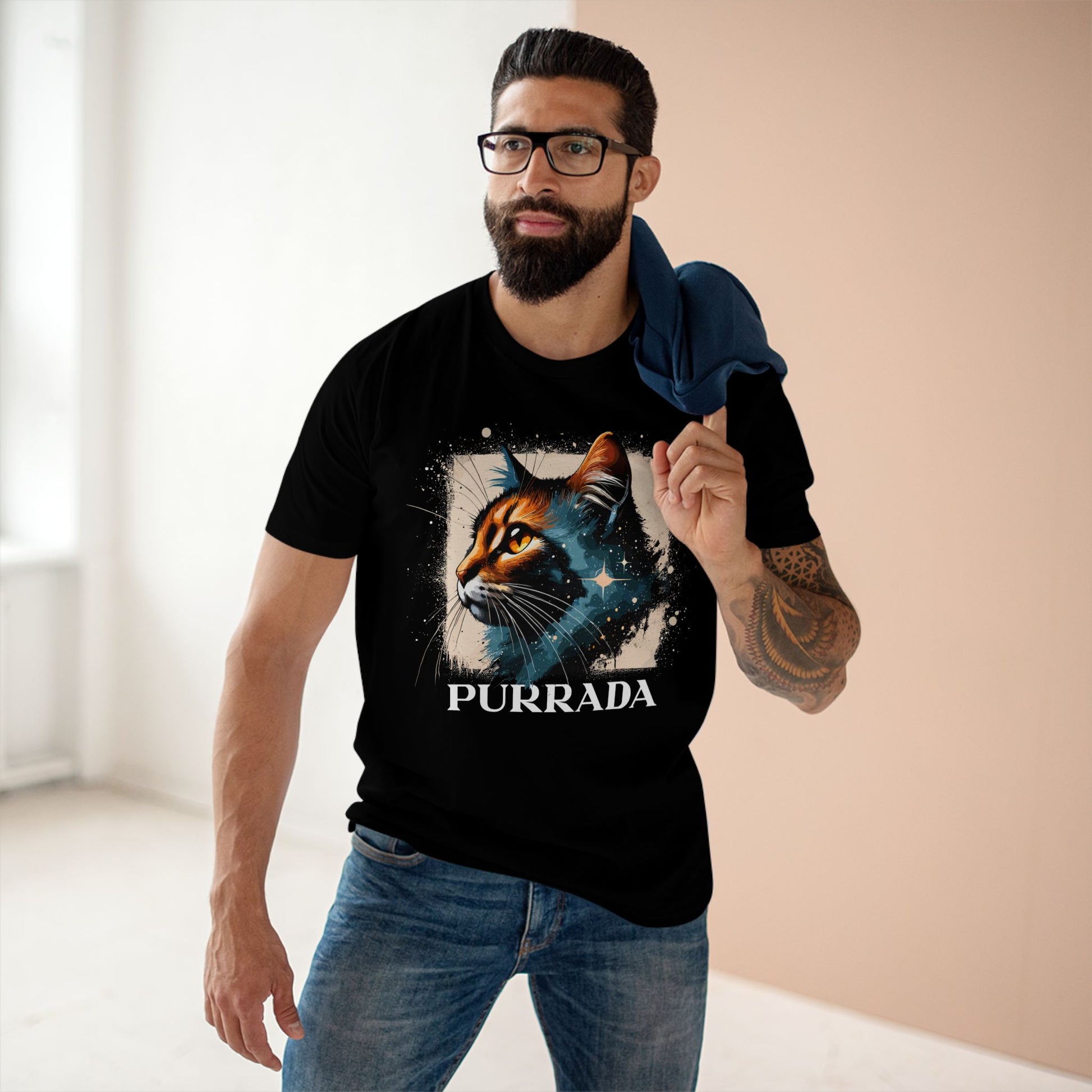 Male model wearing black Purrada Cosmic Gaze Cat Graphic T Shirt, cat t shirt for men