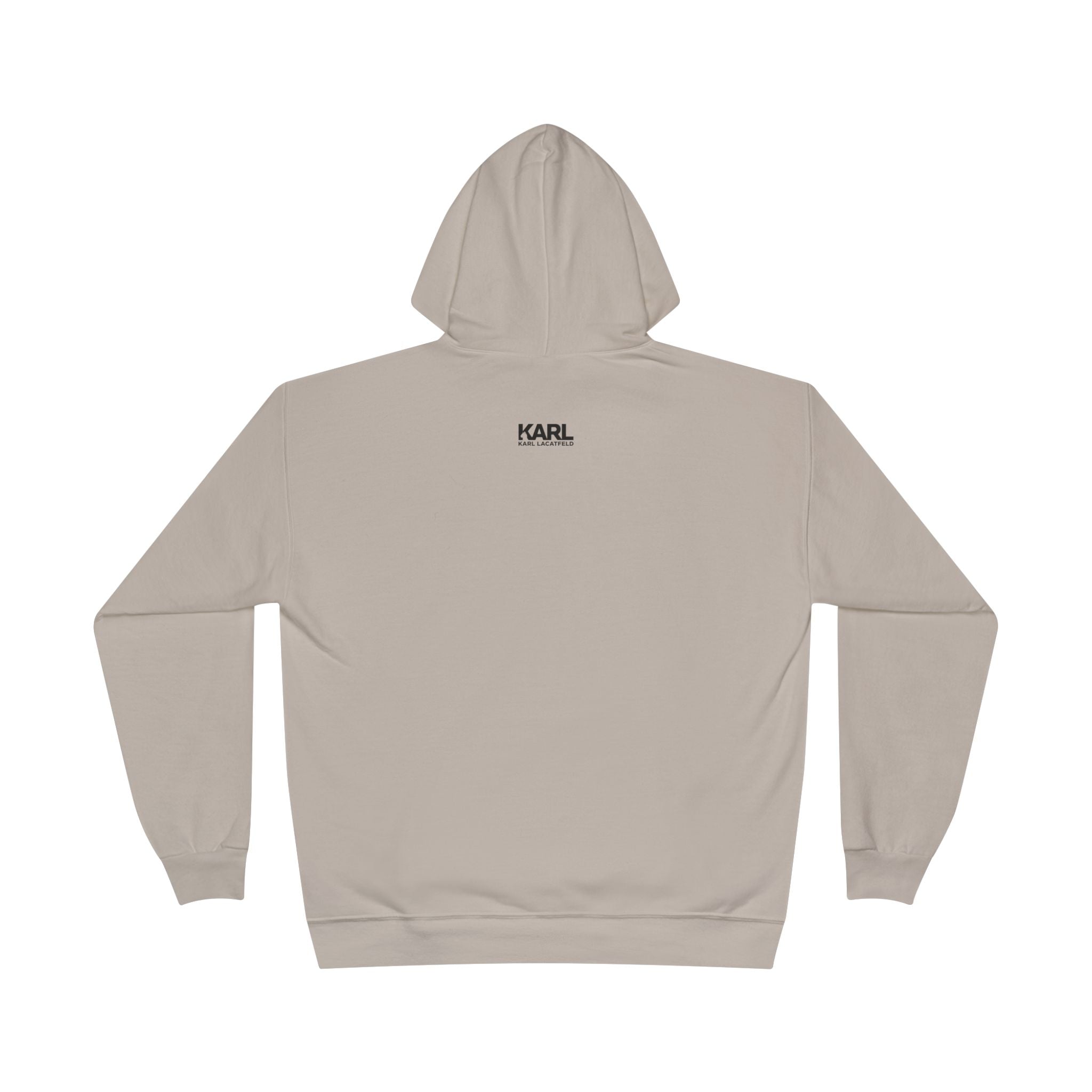Back view of Karl Lacatfeld sand beige hoodie with small back logo detail, cat themed clothes