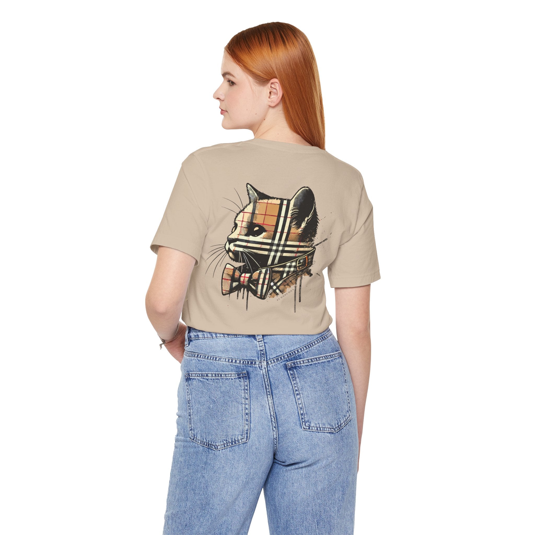 female model wearing purrberry london heritage spray cat graphic t shirt tan cat themed clothing
