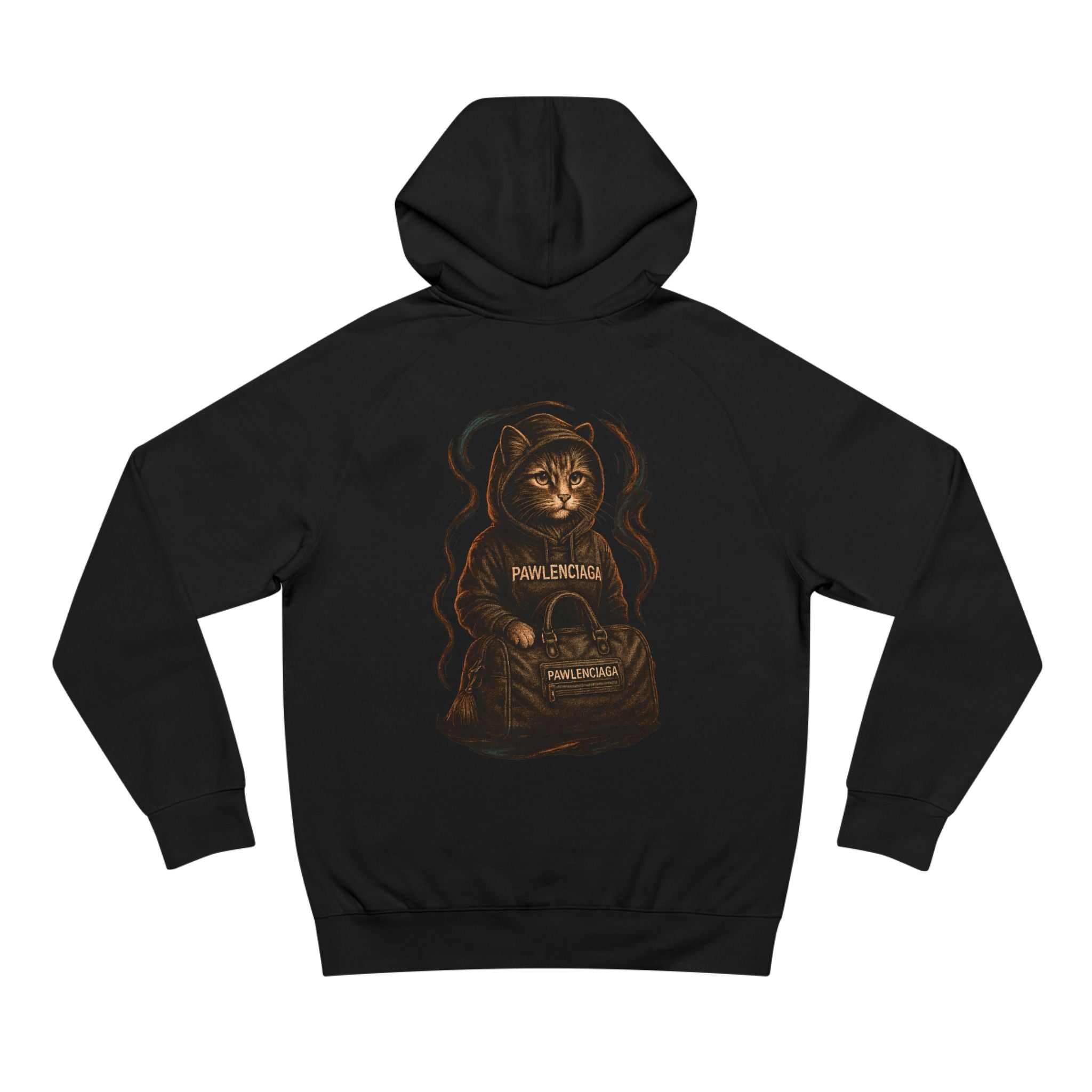 Back view of Pawlenciaga Street Smoke Cat Graphic Black Hoodie, gifts for cat dads