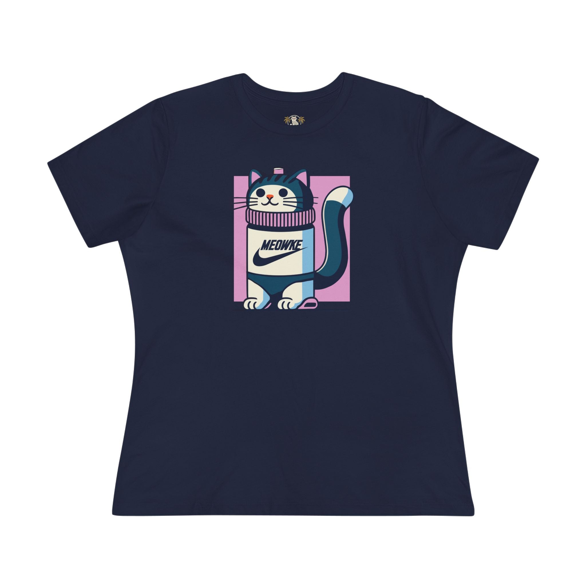 Meowke Cat Bottle Graphic Women's T Shirt in navy blue front view – funny t shirts for women
