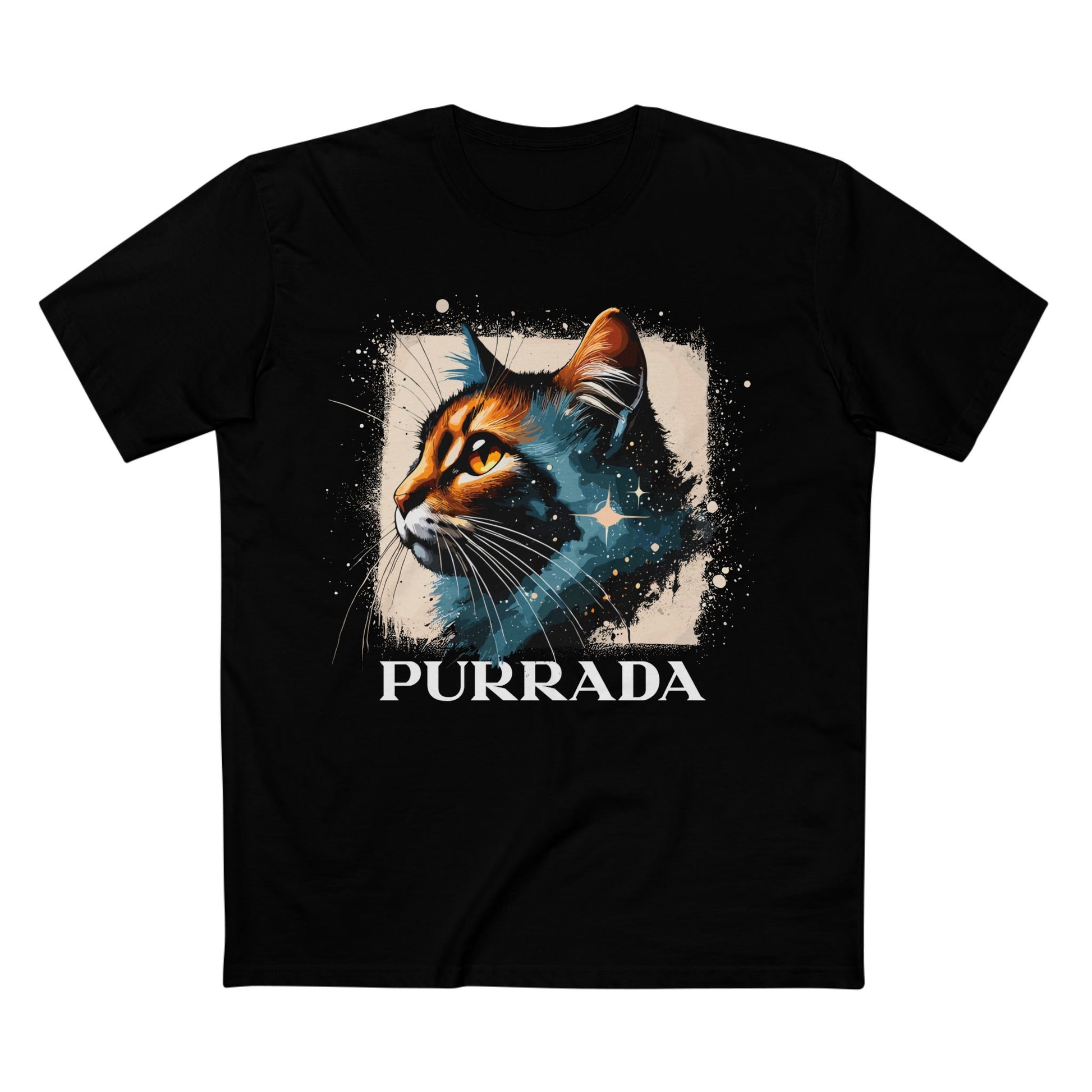 Black Purrada Cosmic Gaze Cat Graphic T Shirt, space cat shirt for men and women