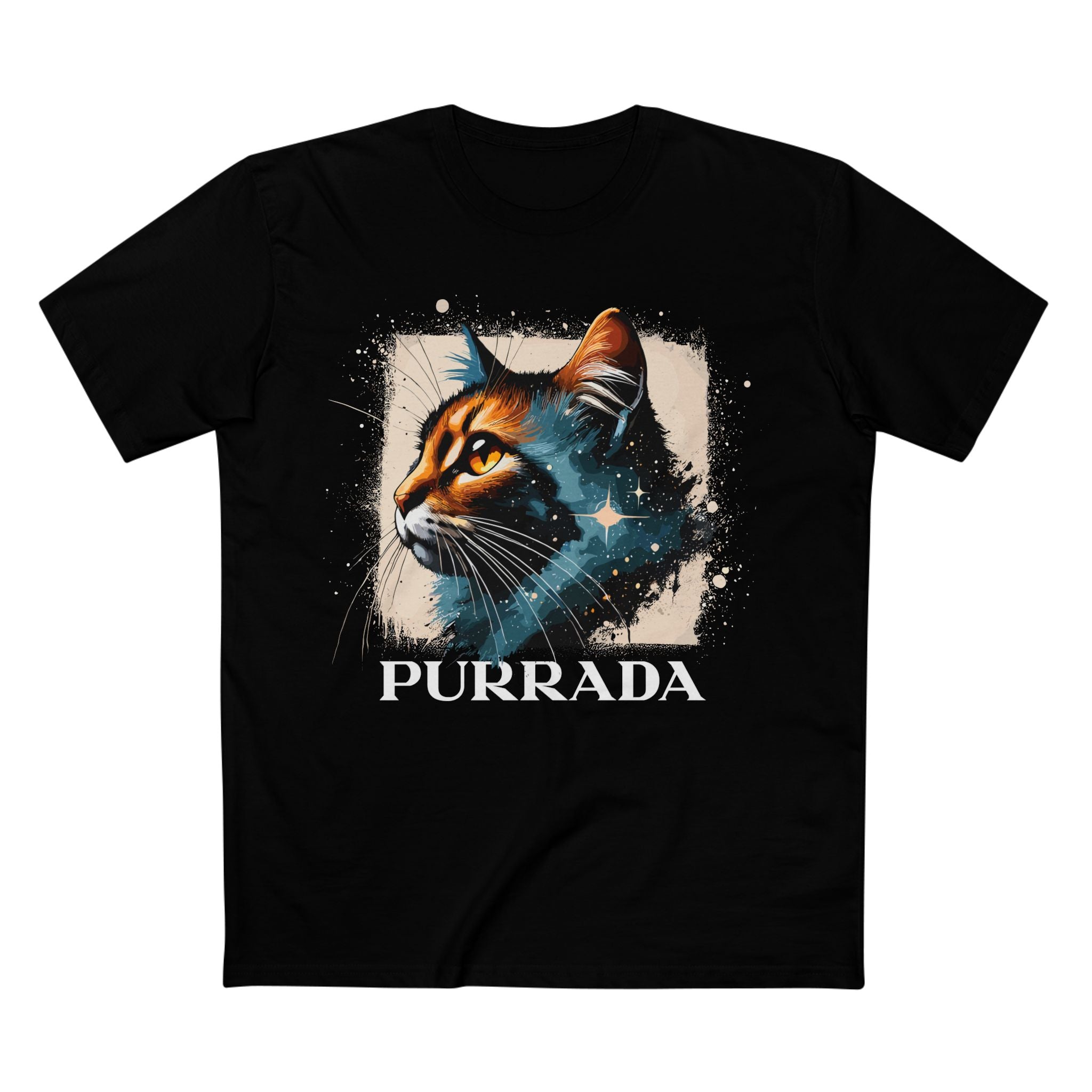 Black Purrada Cosmic Gaze Cat Graphic T Shirt, space cat shirt for men and women