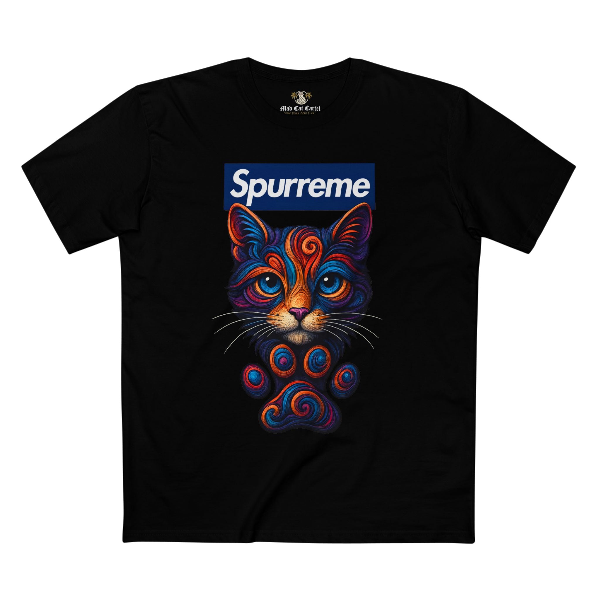 Black Spurreme Cosmic Pawtrait Cat Graphic t shirt front view – cat print tee shirts