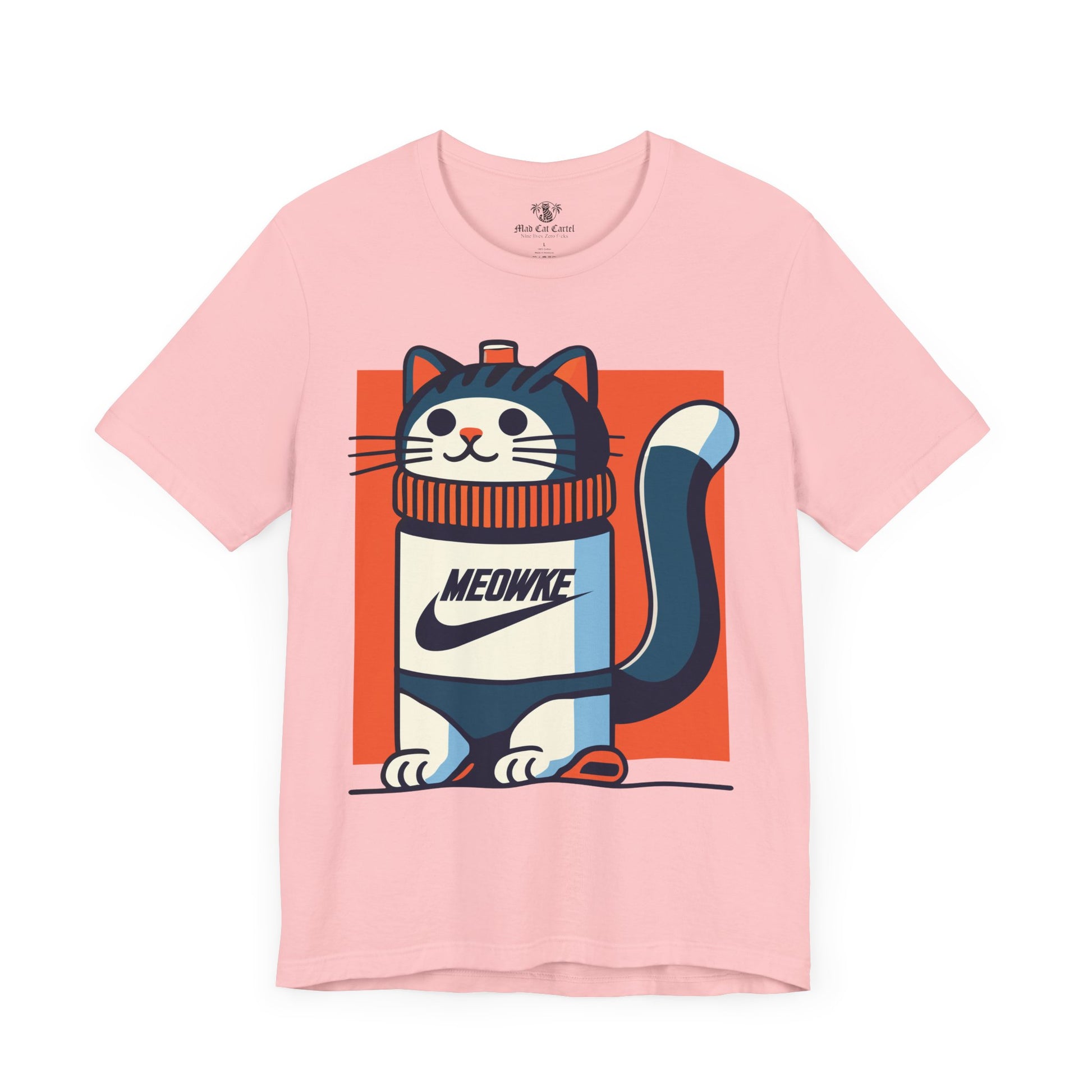 Funny cat shirts for men – pink unisex tee, front view, Meowke Swoosh cartoon cat holding bottle
