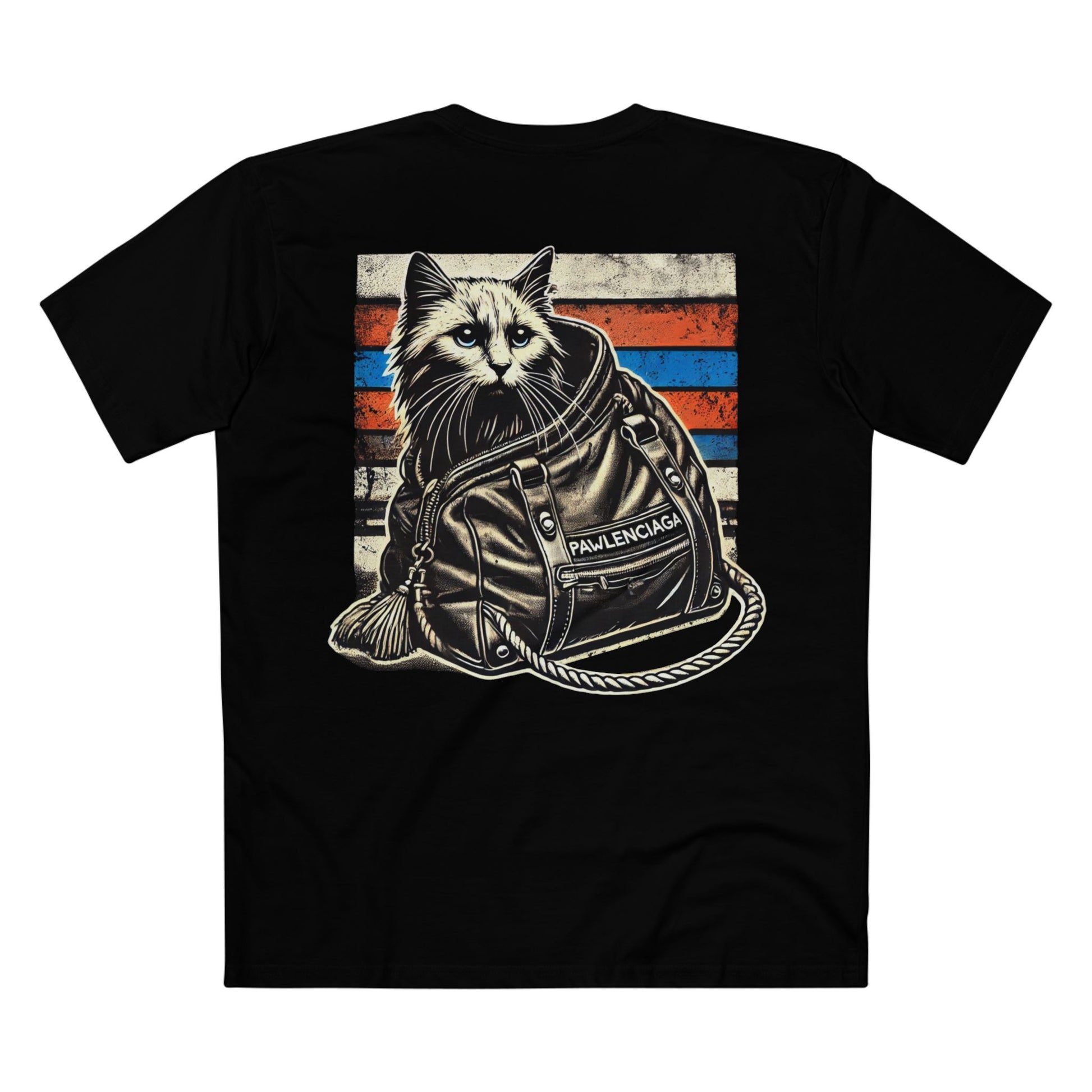 Pawlenciaga Designer Carry-On Cat Graphic Black T Shirt, flat lay back view with carry-on cat illustration, cat themed shirts, shirts for cat lovers