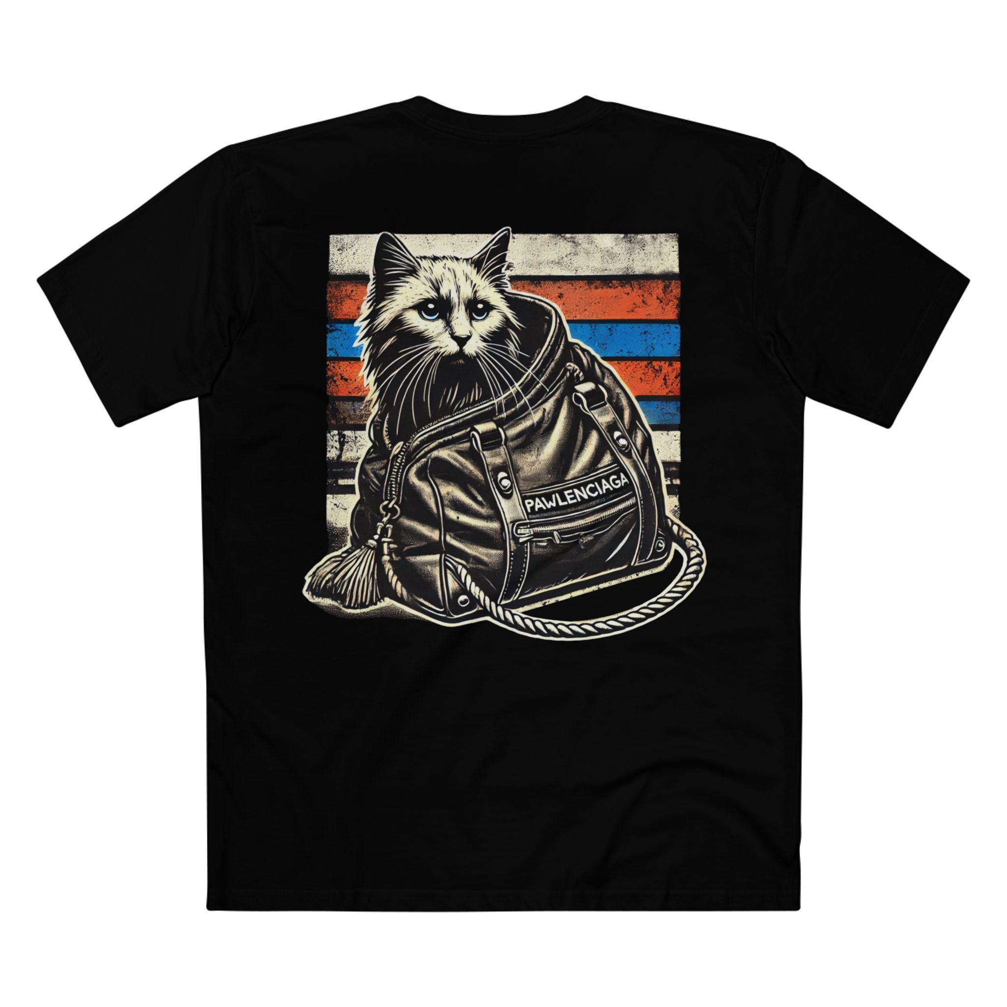 Pawlenciaga Designer Carry-On Cat Graphic Black T Shirt, flat lay back view with carry-on cat illustration, cat themed shirts, shirts for cat lovers