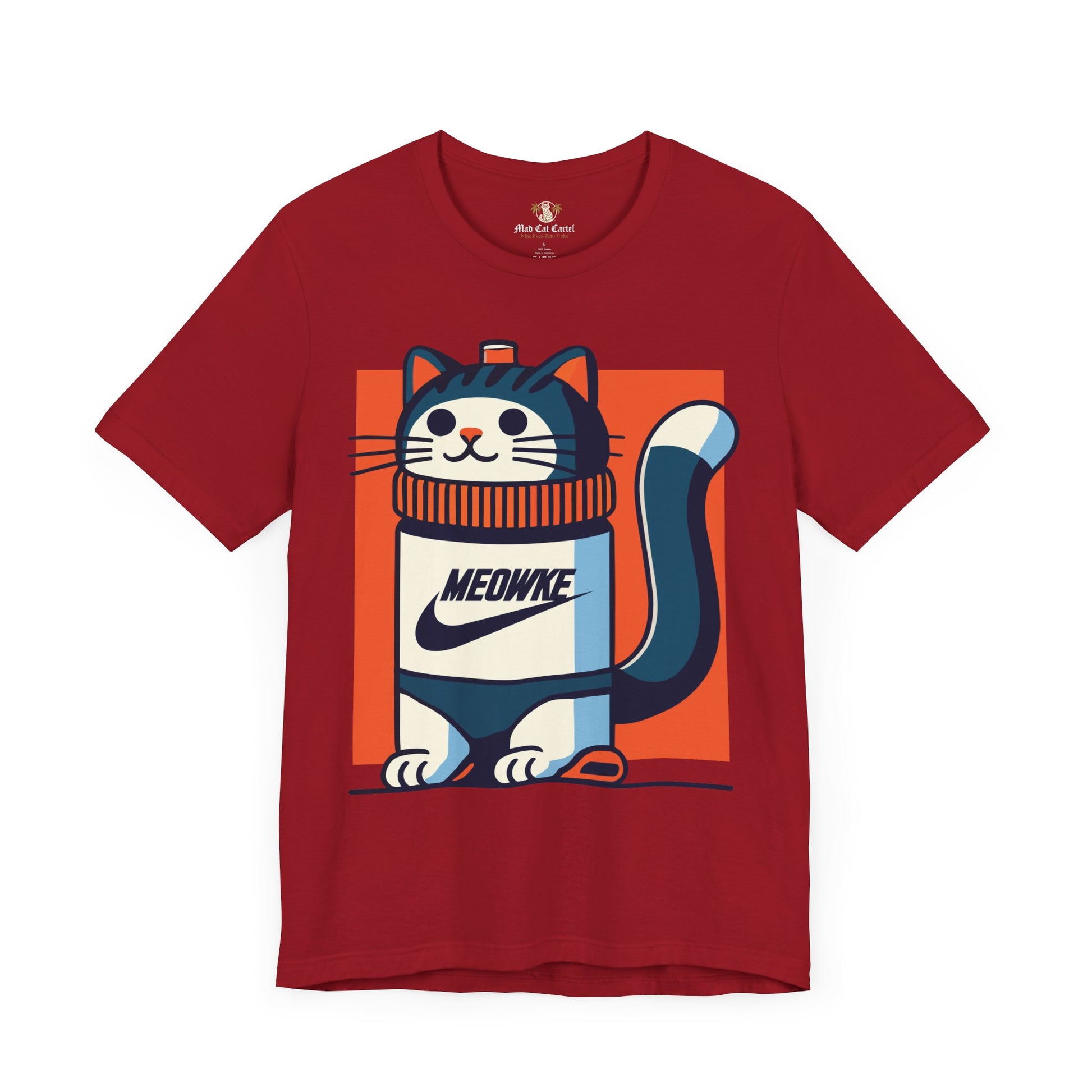 Funny cat shirts for men – canvas red unisex tee, front view, Meowke Swoosh cartoon cat holding bottle