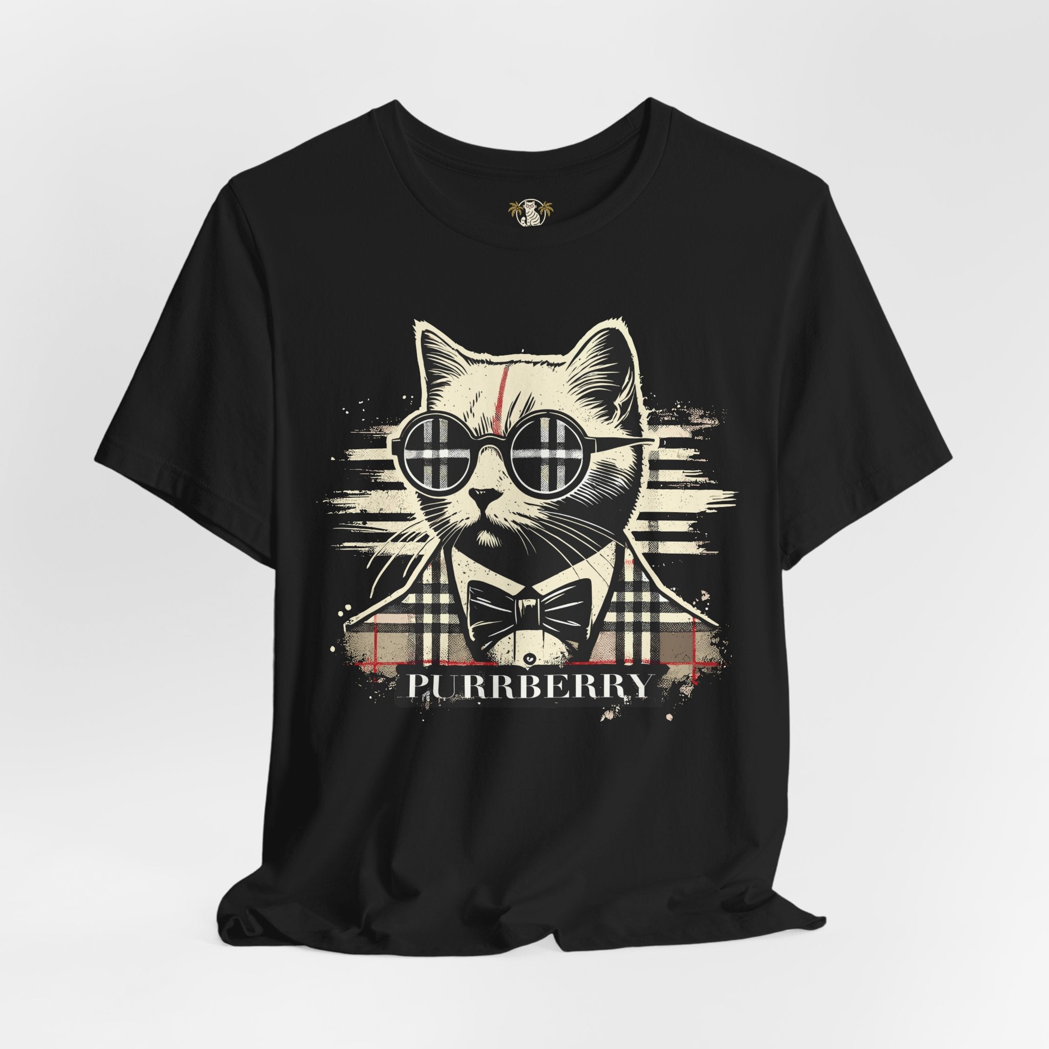 purrberry the plaid cat black t-shirt front view on flat surface cat print tee shirts