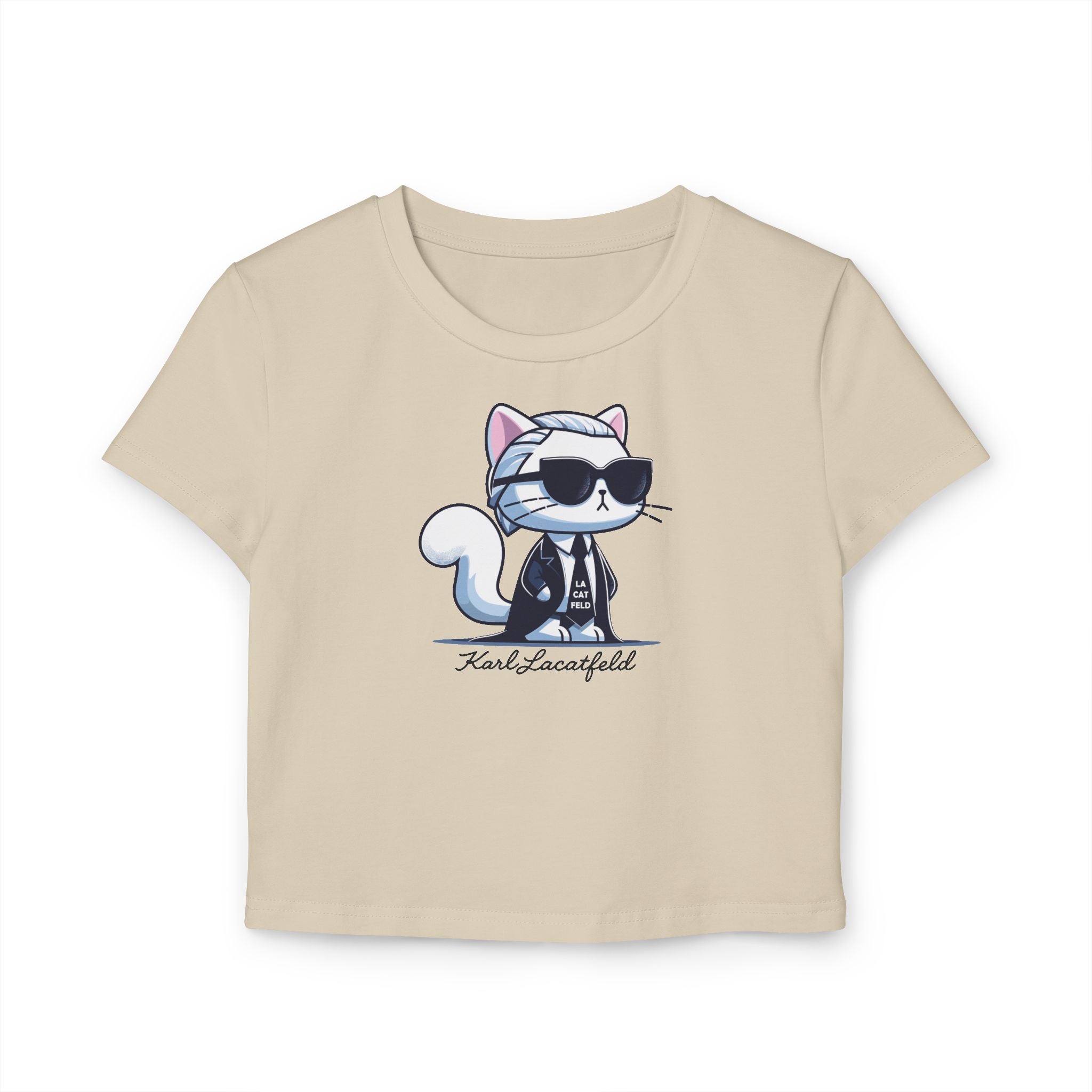 Karl Lacatfeld Executive Meow Icon Women’s beige Baby Tee flat front view