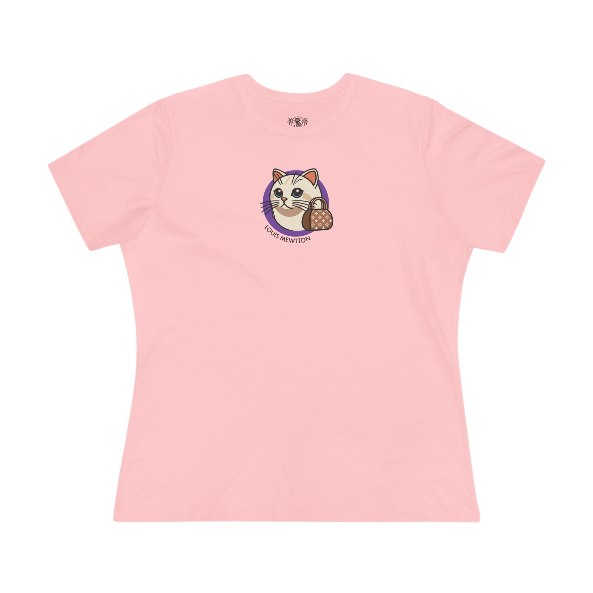 Louis Mewtton Mini Chest Cat Icon Women's Pink Graphic T Shirt flat front cat on a shirt