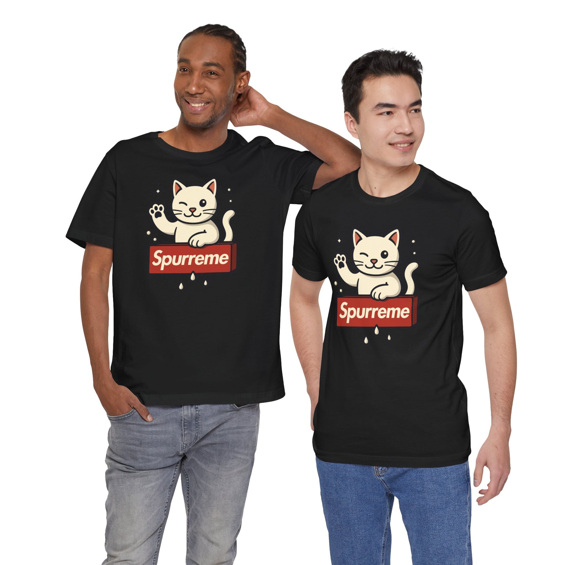 Black t shirt for cat lovers on two male models front view cat themed clothing