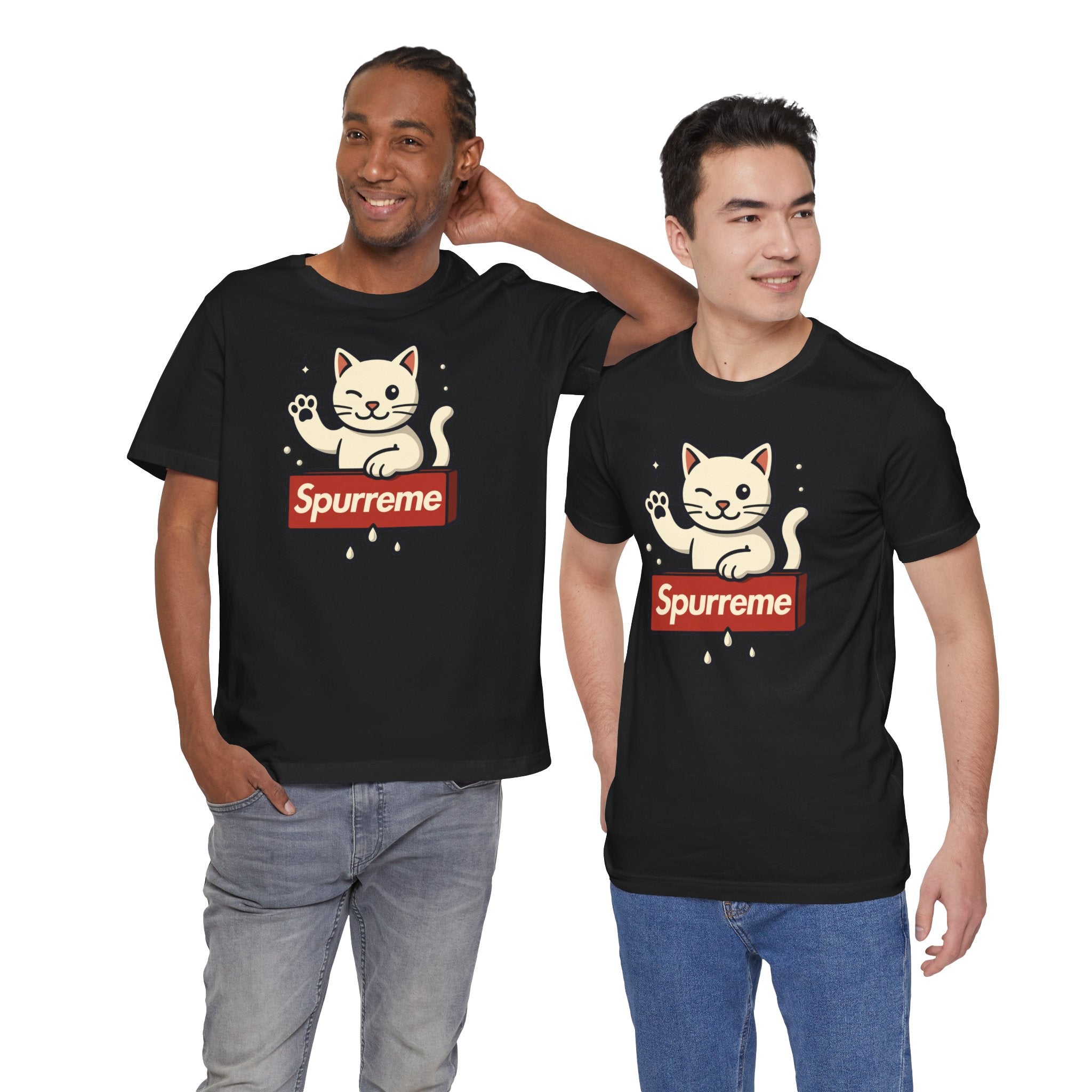 Black t shirt for cat lovers on two male models front view cat themed clothing