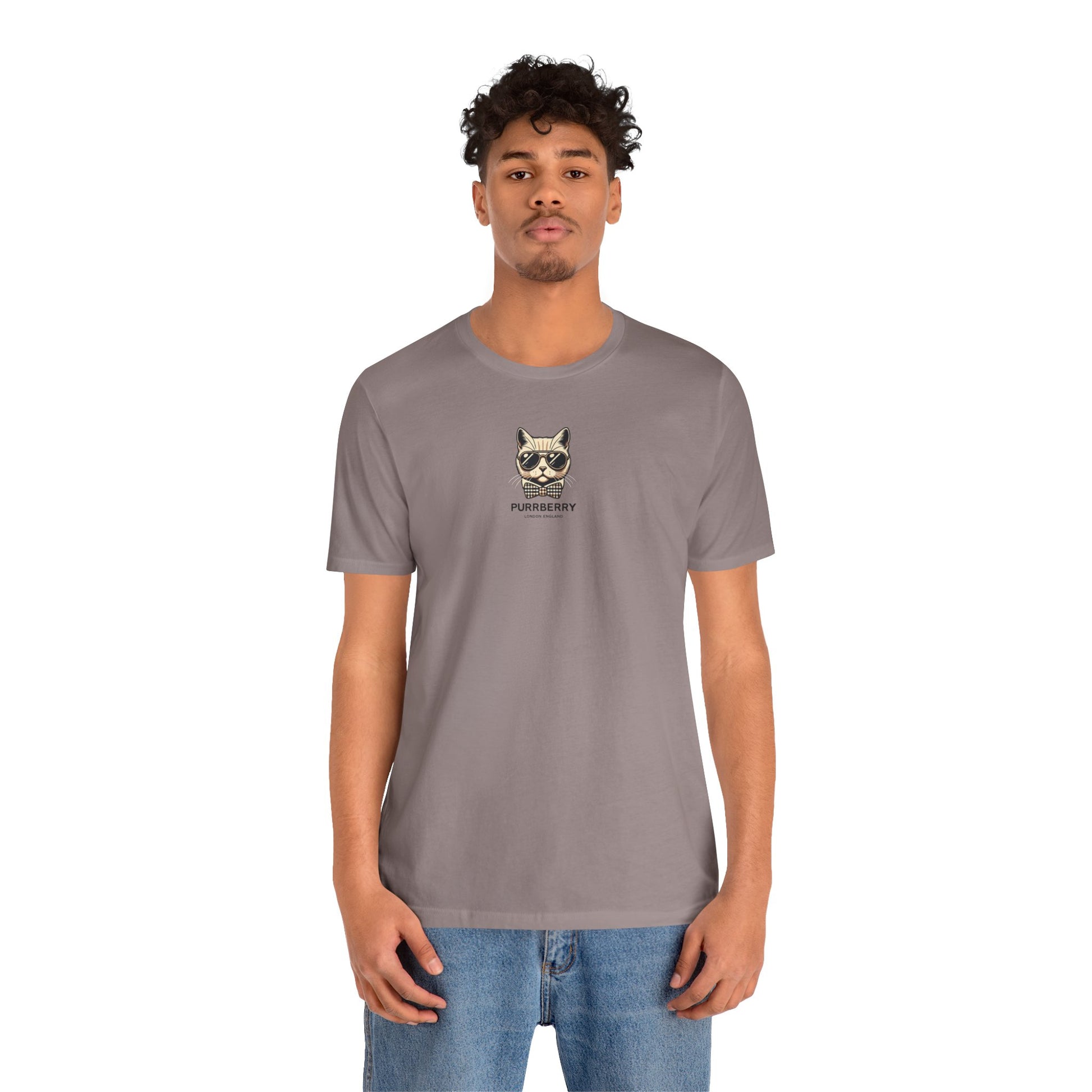 man wearing purrberry london mini crest cat graphic t shirt pebble brown cool cat shirts for men