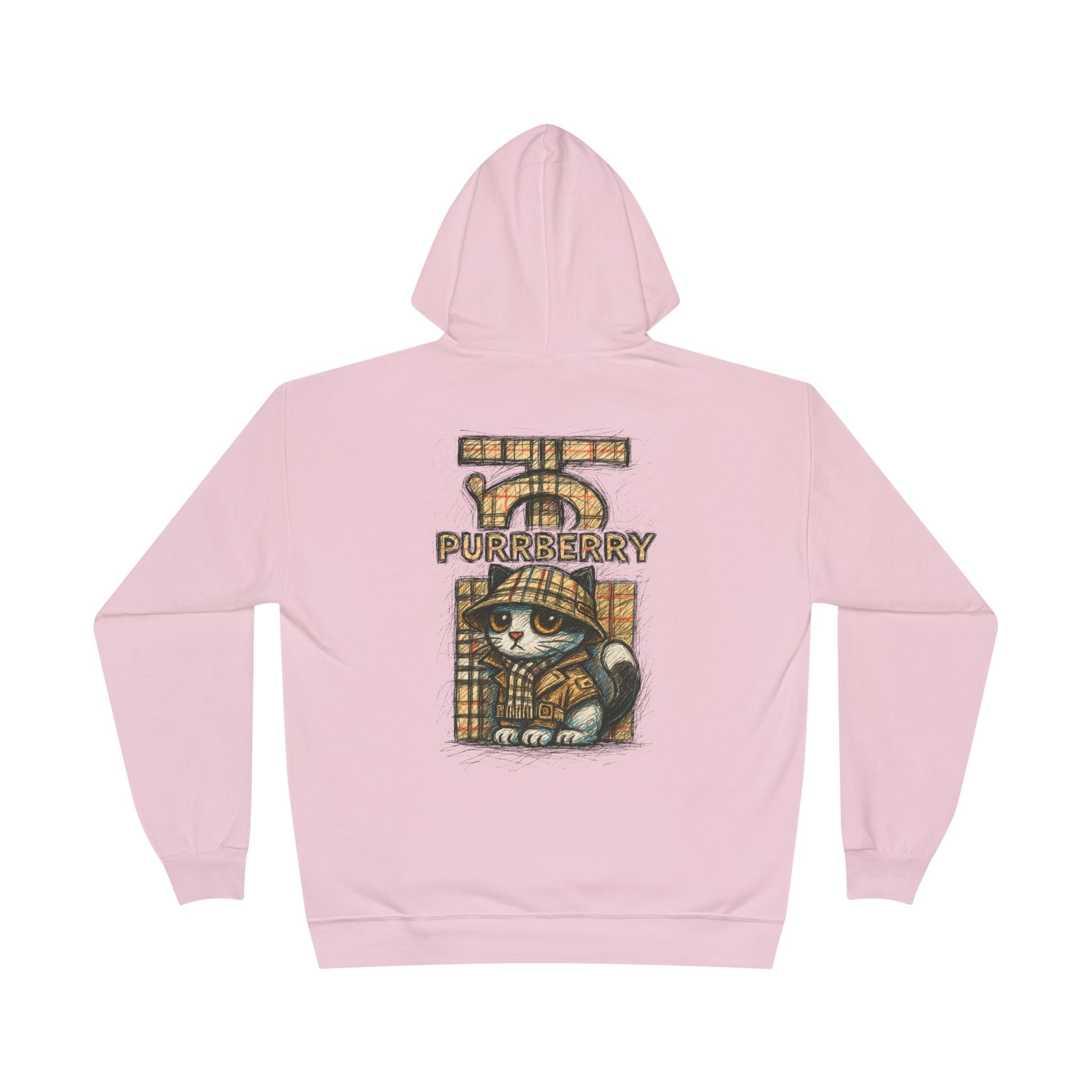 Back view of Purrberry pale pink hoodie with sketch logo cat print, hoodie for cat lovers