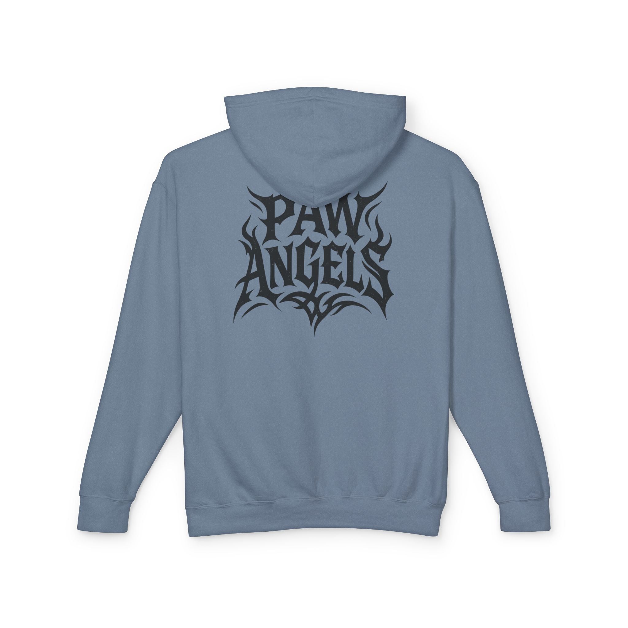 Back of Paw Angels rebel angel cat design on blue jean hoodie, cat themed apparel